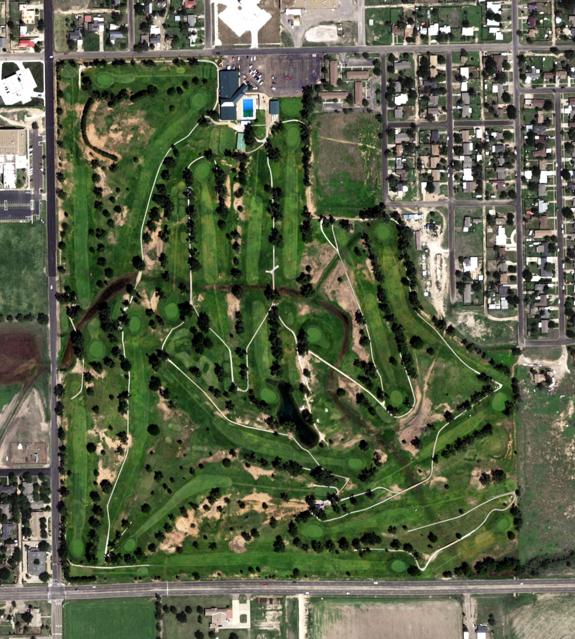 Aerial view of Plainview Country Club, TX, with its hole routing marked