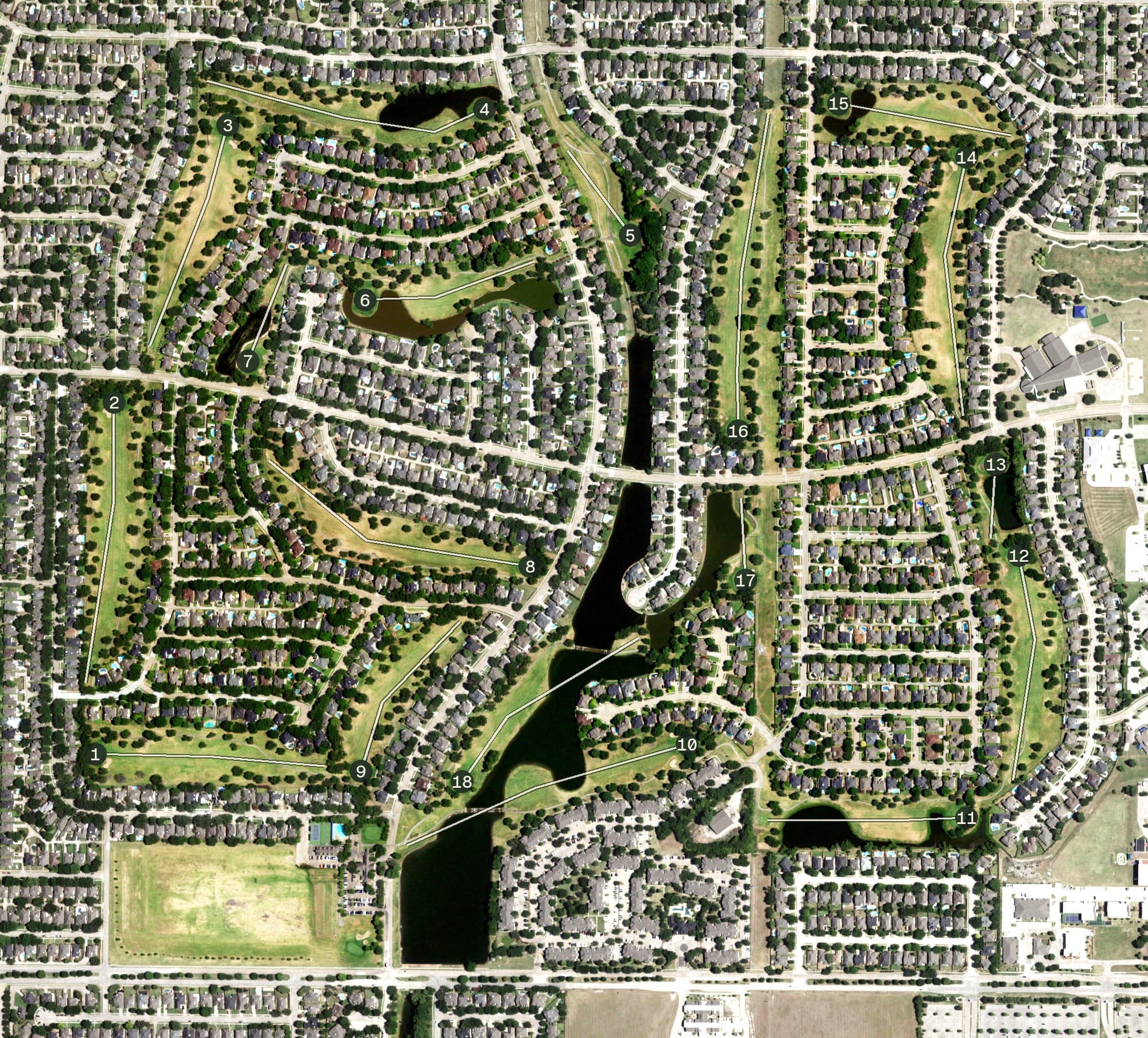 Aerial view of Plantation Golf Club, TX, with its hole routing marked