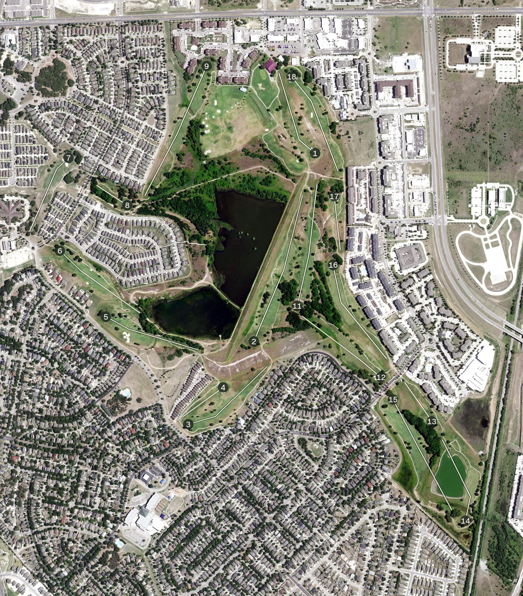 Aerial view of Plum Creek Golf Course, TX, with its hole routing marked
