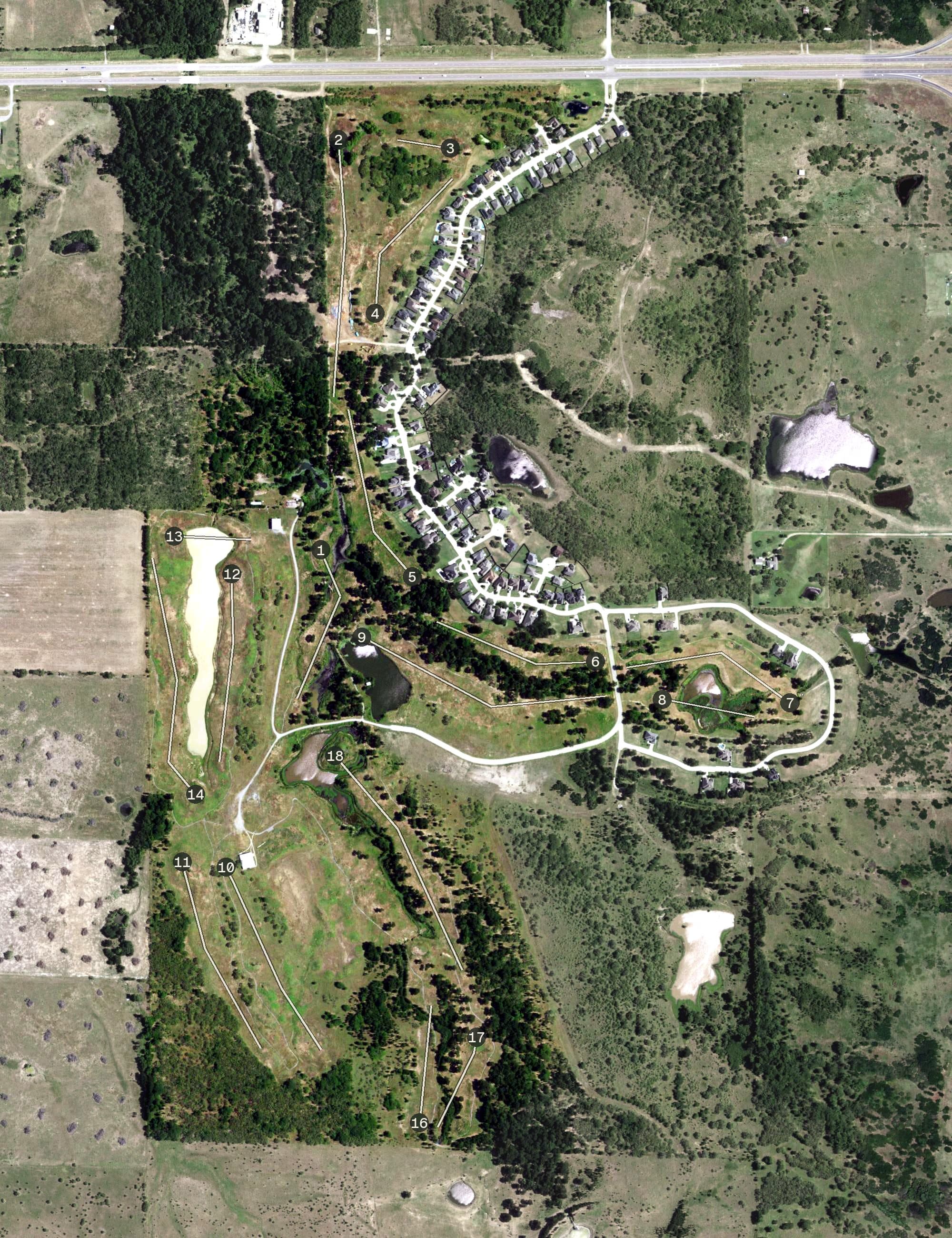 Aerial view of Preston Club Golf Course, TX, with its hole routing marked