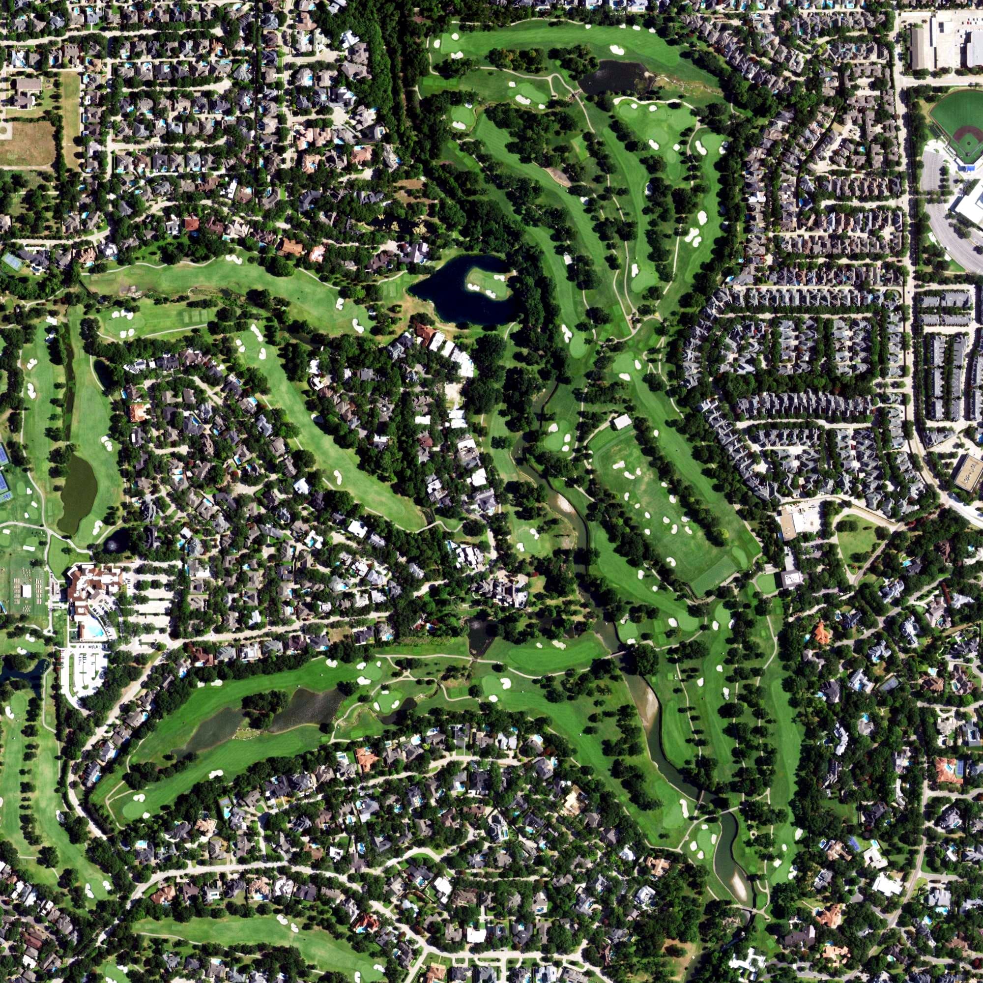 Aerial view of Preston Trail Golf Club, TX, with its hole routing marked