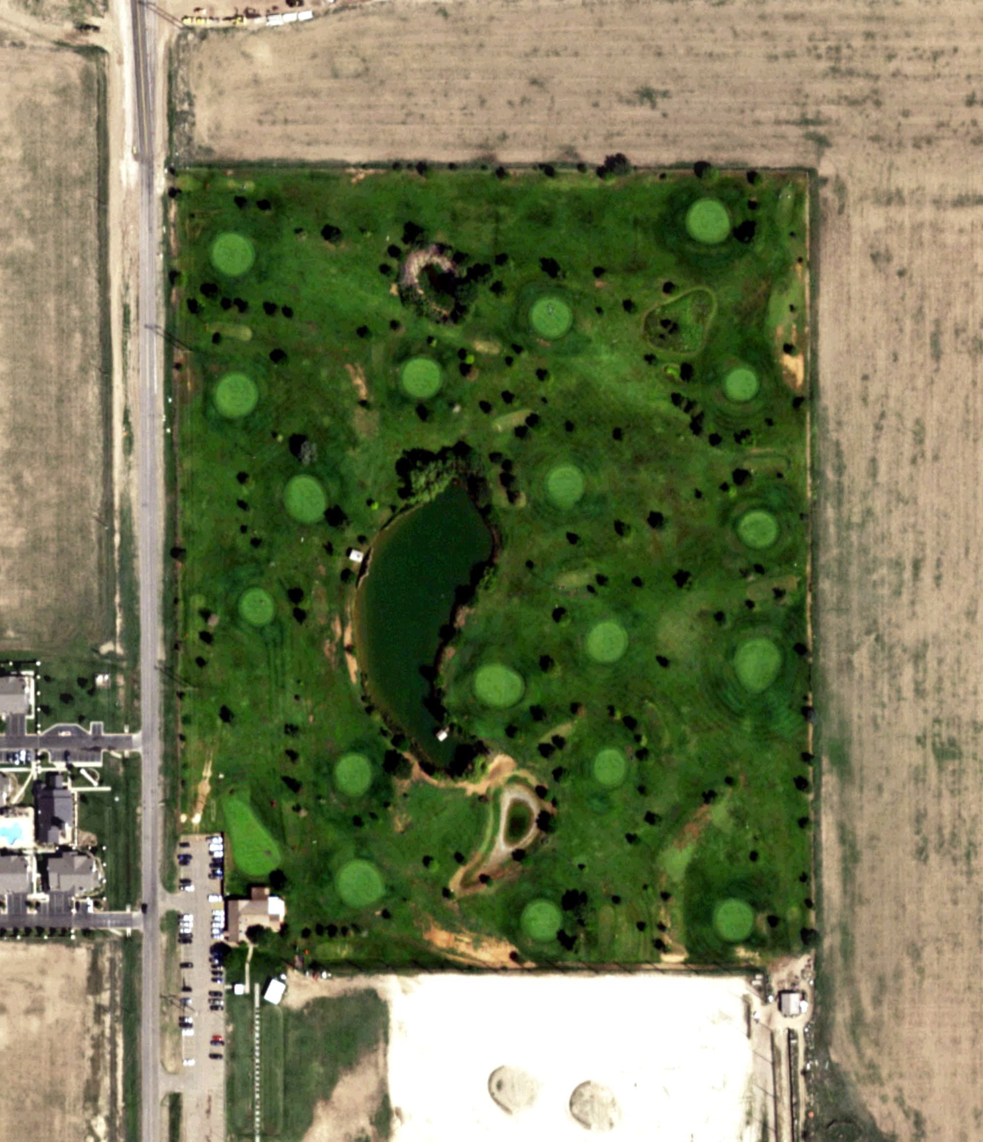 Aerial view of Preston West Golf Course, TX, with its hole routing marked