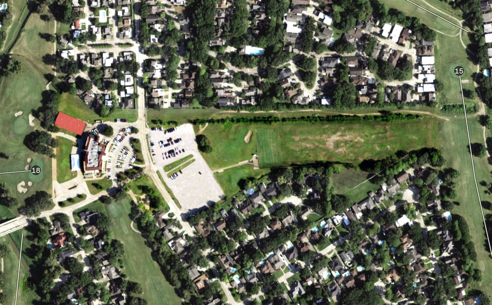 Aerial view of Quail Valley Golf Course, TX, with its hole routing marked