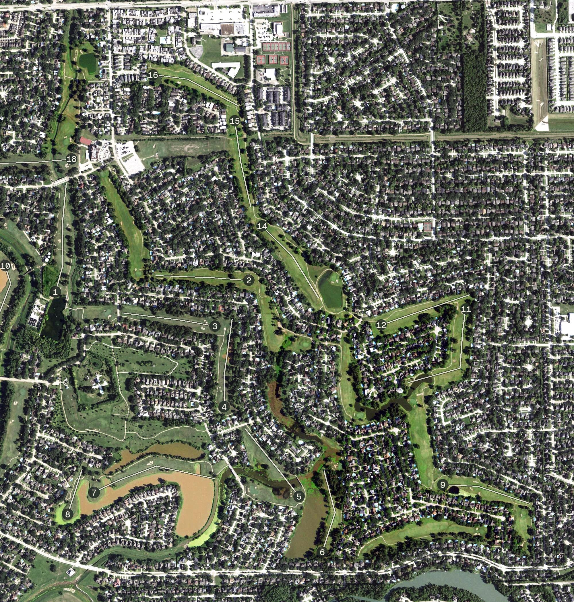 Aerial view of Quail Valley La Quinta Course, TX, with its hole routing marked