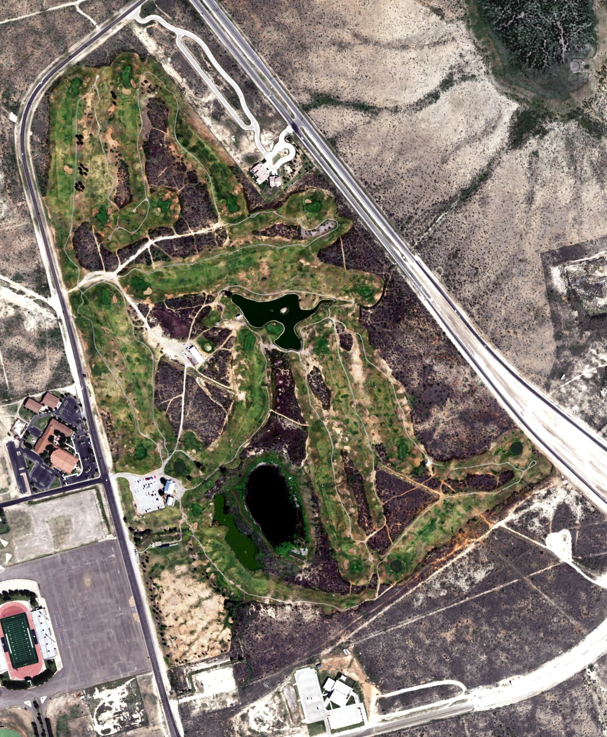 Aerial view of Ratliff Ranch Golf Links, TX, with its hole routing marked