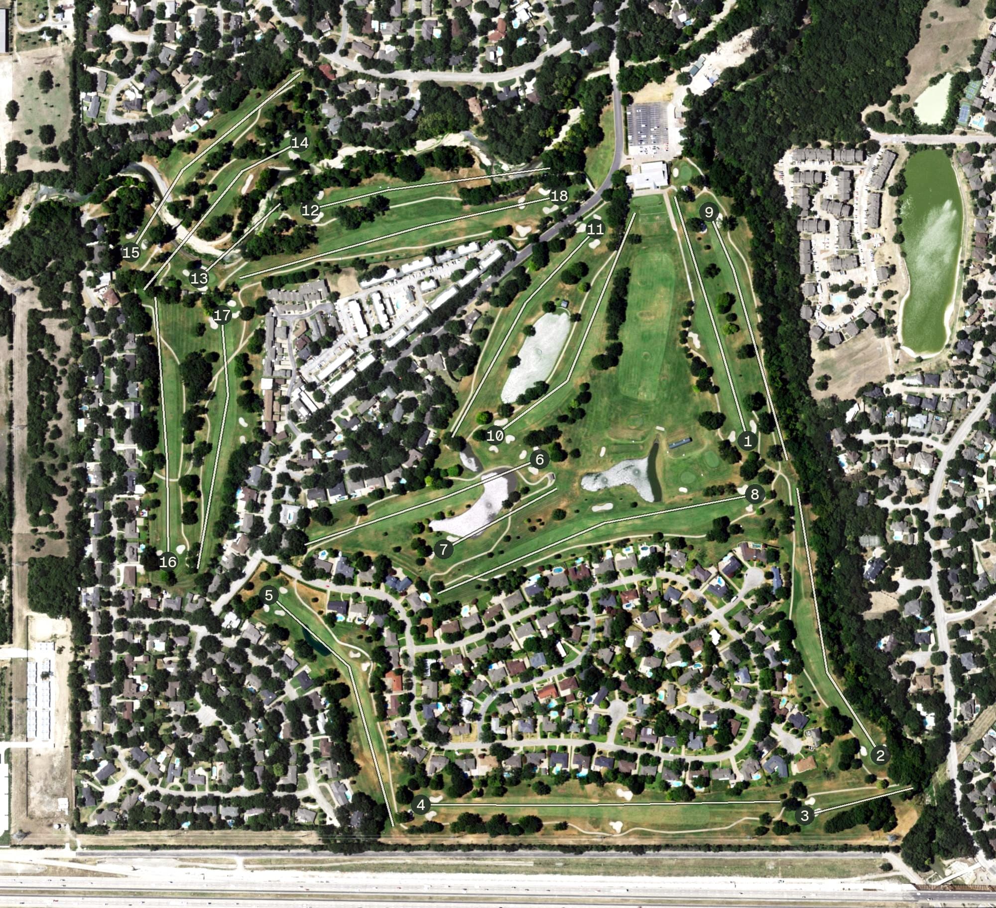 Aerial view of Ridglea Country Club - Championship Golf Course, TX, with its hole routing marked