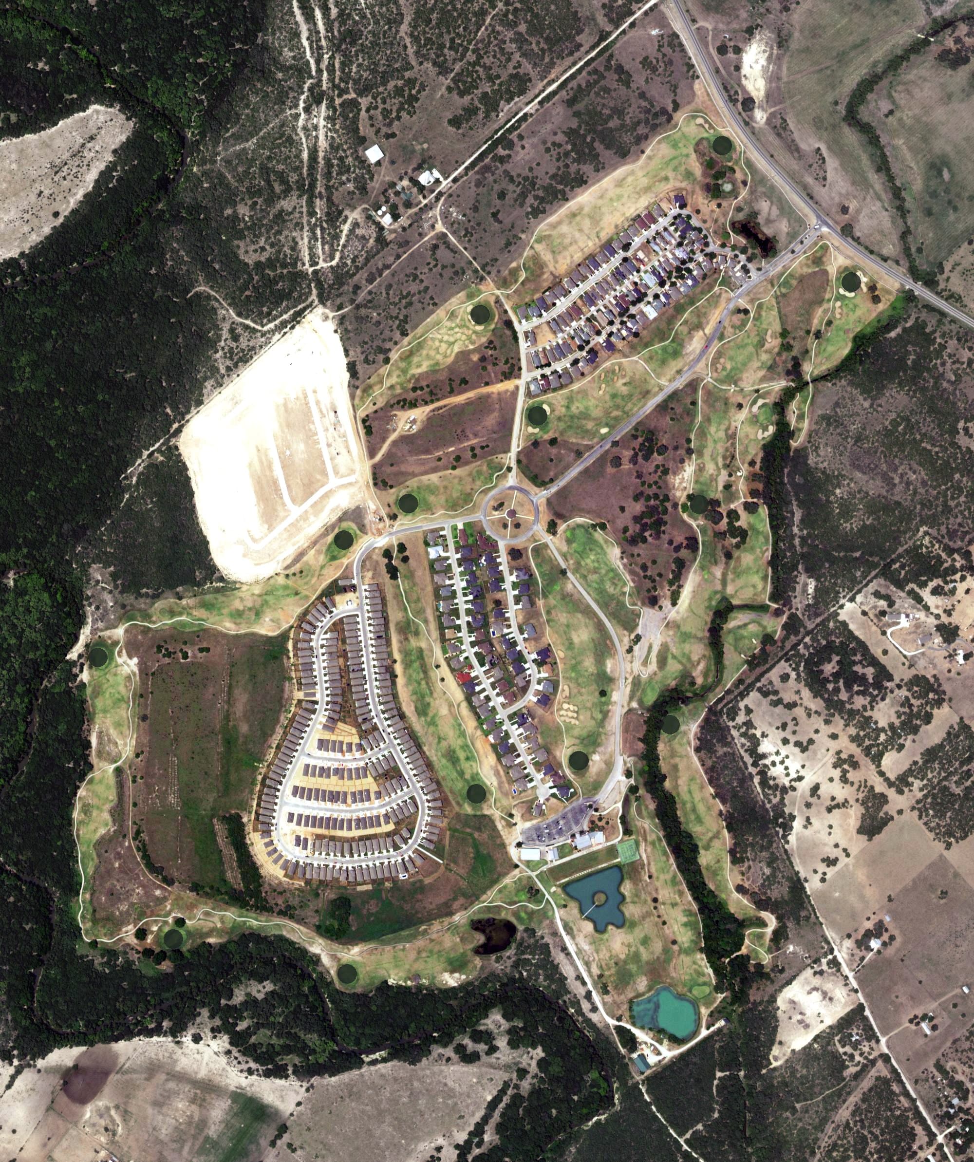 Aerial view of River Bend Golf Club, TX, with its hole routing marked