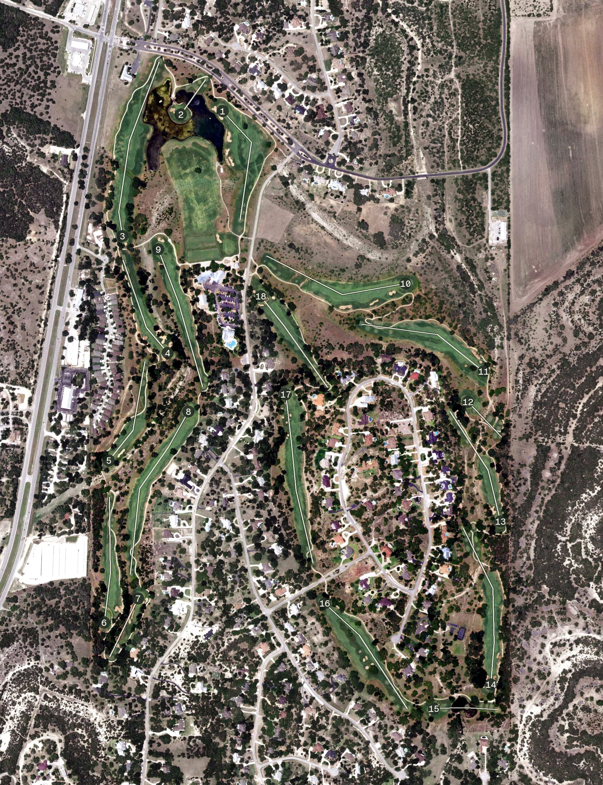 Aerial view of River Crossing Club, TX, with its hole routing marked