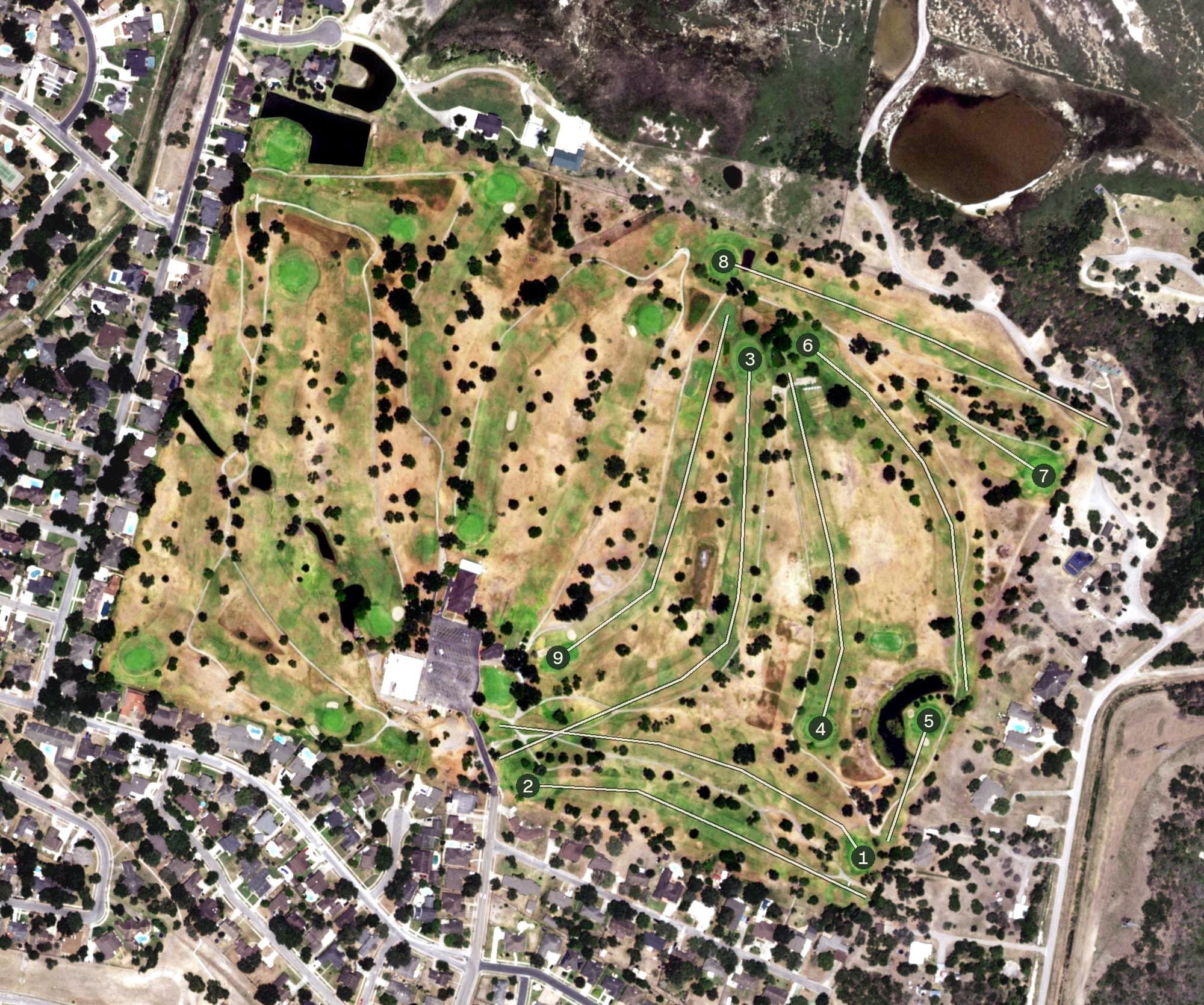 Aerial view of River Hills Country Club, TX, with its hole routing marked