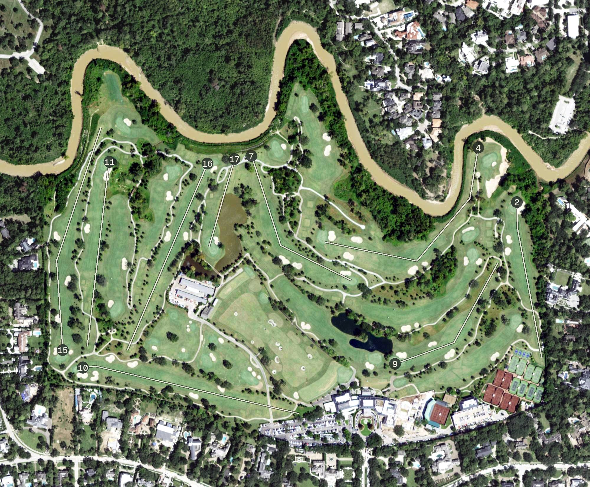 Aerial view of River Oaks Country Club, TX, with its hole routing marked