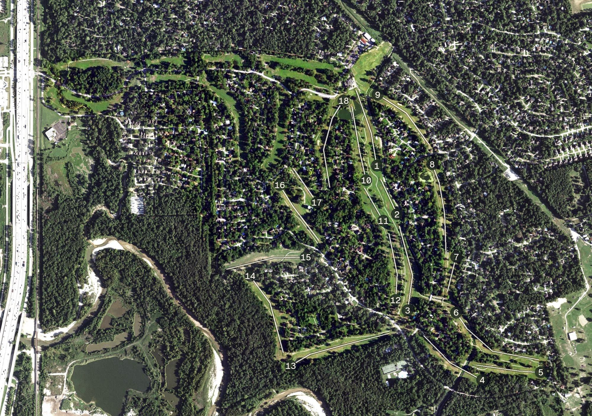Aerial view of River Plantation Country Club, TX, with its hole routing marked