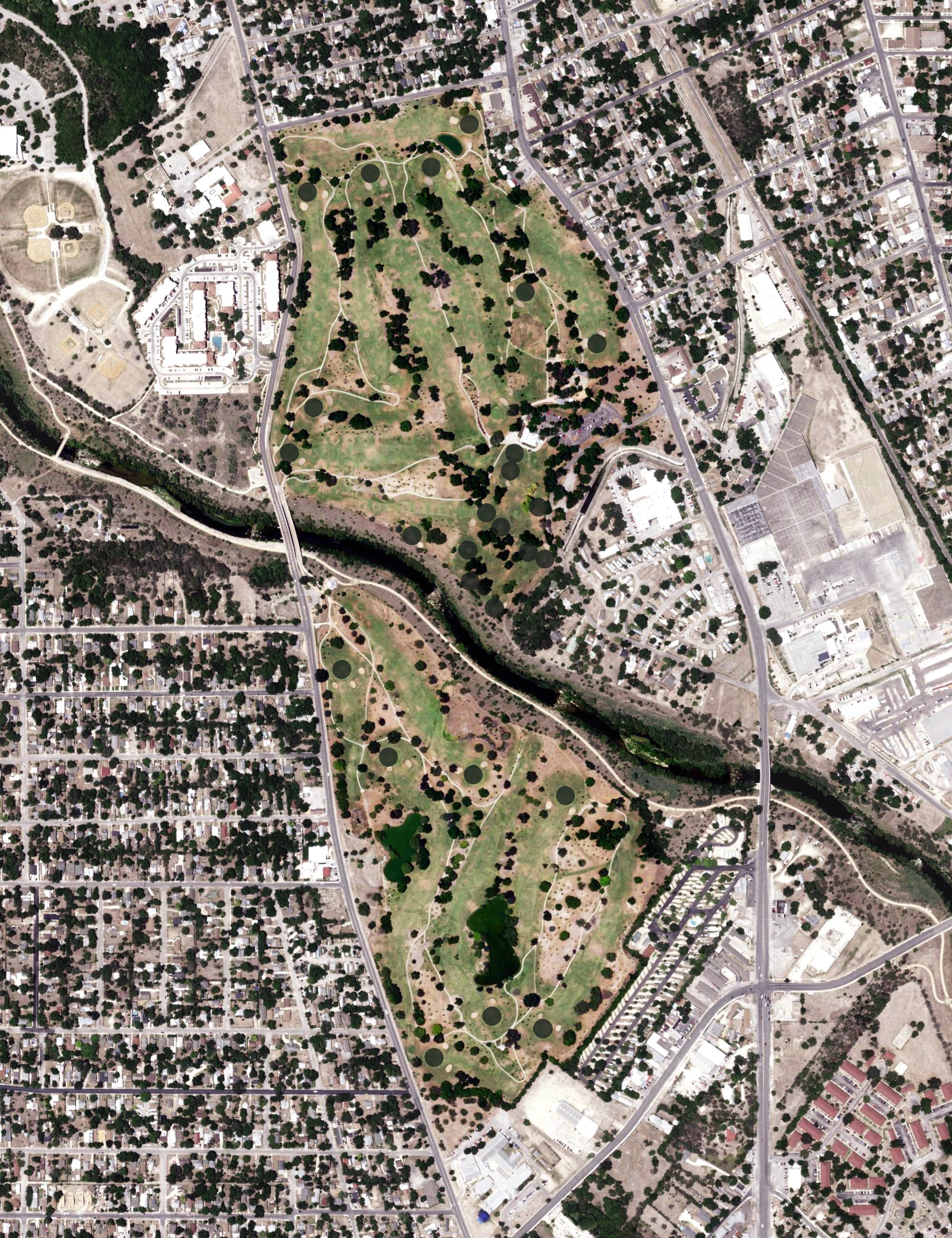 Aerial view of Riverside Golf Course, TX, with its hole routing marked