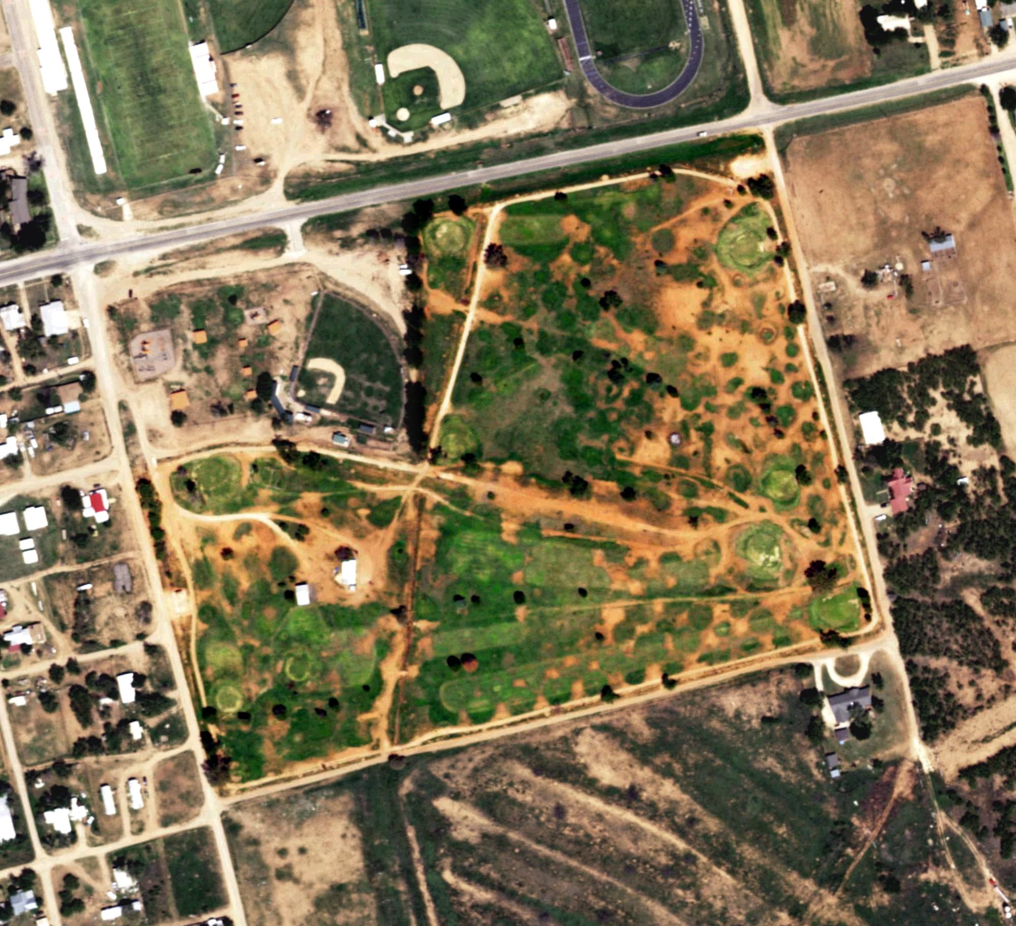 Aerial view of Rotan Golf Club, TX, with its hole routing marked