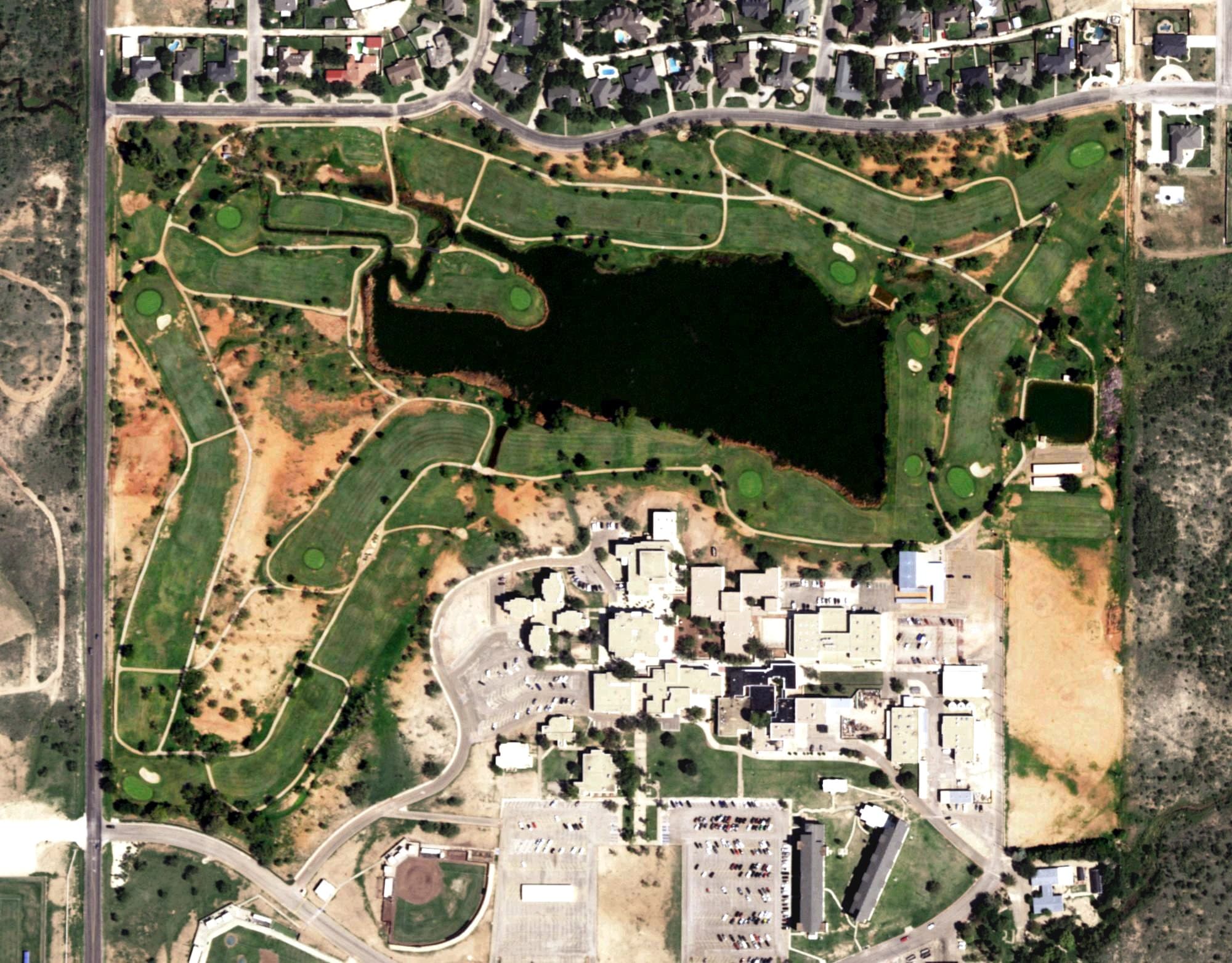 Aerial view of Sammy Baugh Golf Course, TX, with its hole routing marked