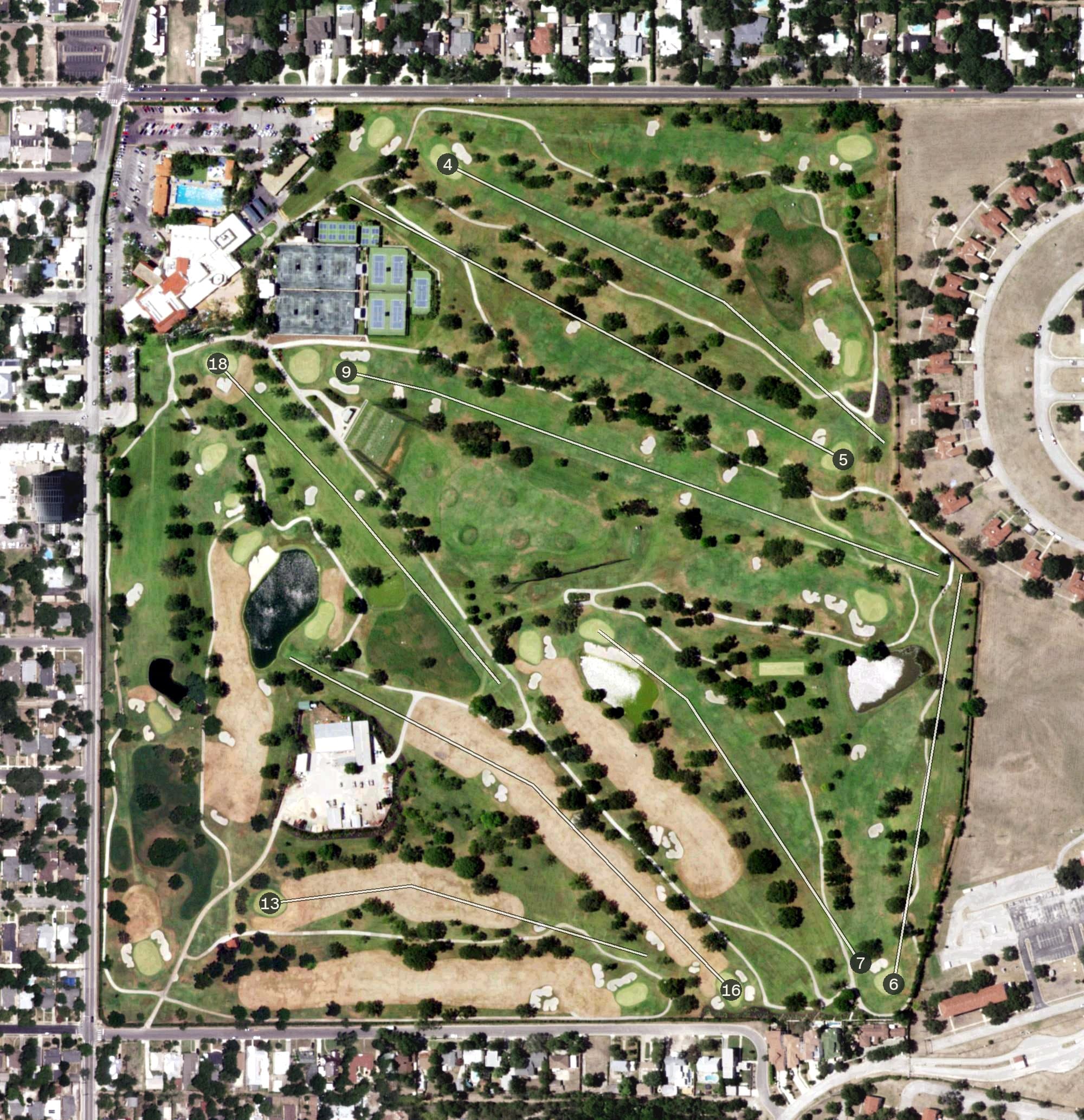 Aerial view of San Antonio Country Club, TX, with its hole routing marked