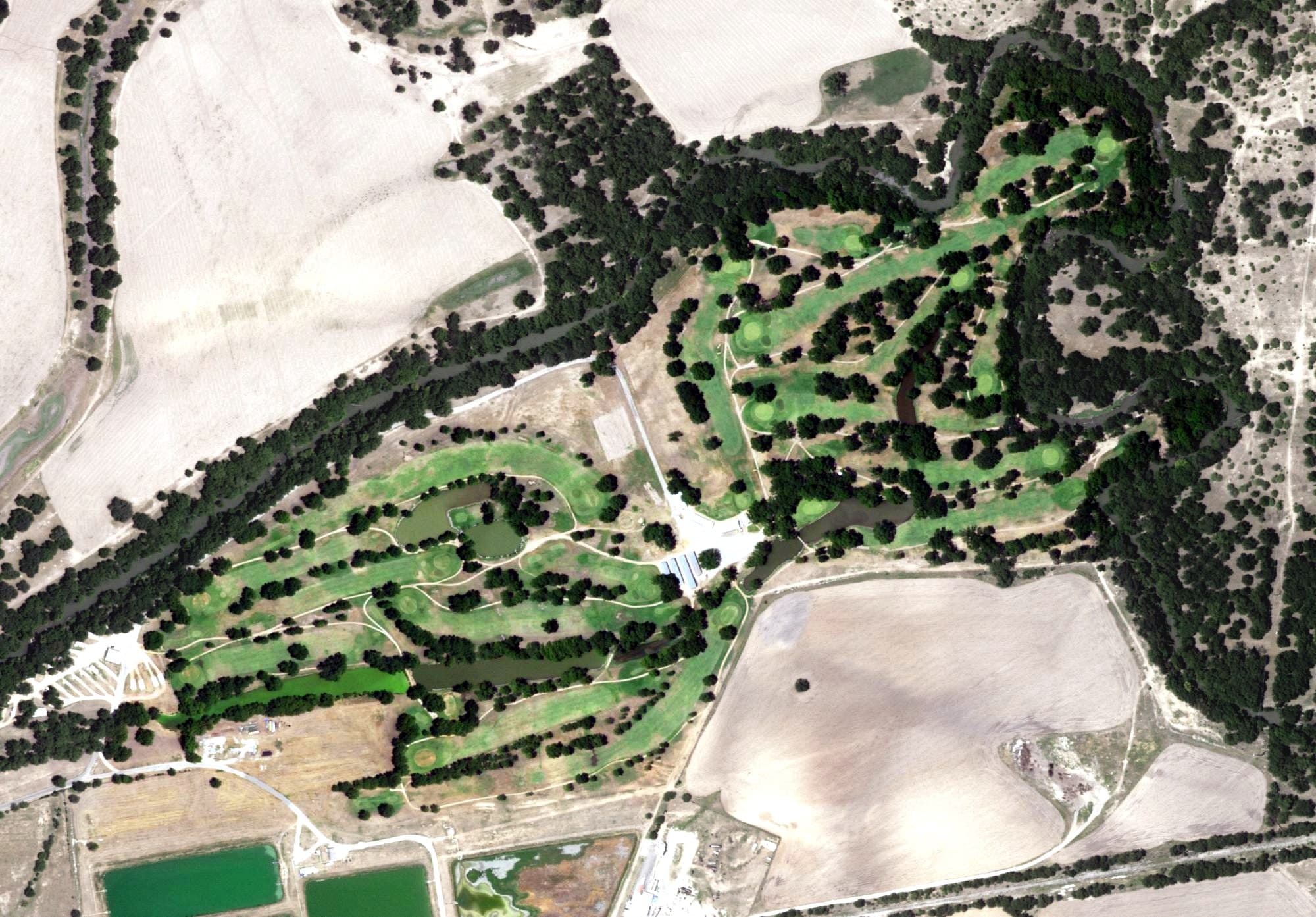Aerial view of San Saba River Golf Course, TX, with its hole routing marked