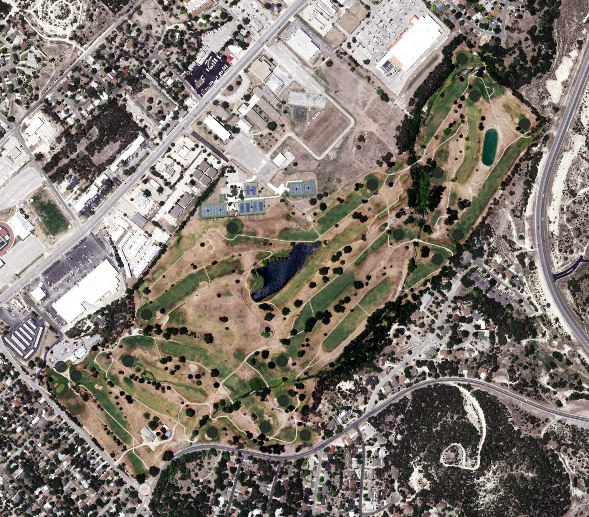 Aerial view of Scott Schreiner Golf Course, TX, with its hole routing marked