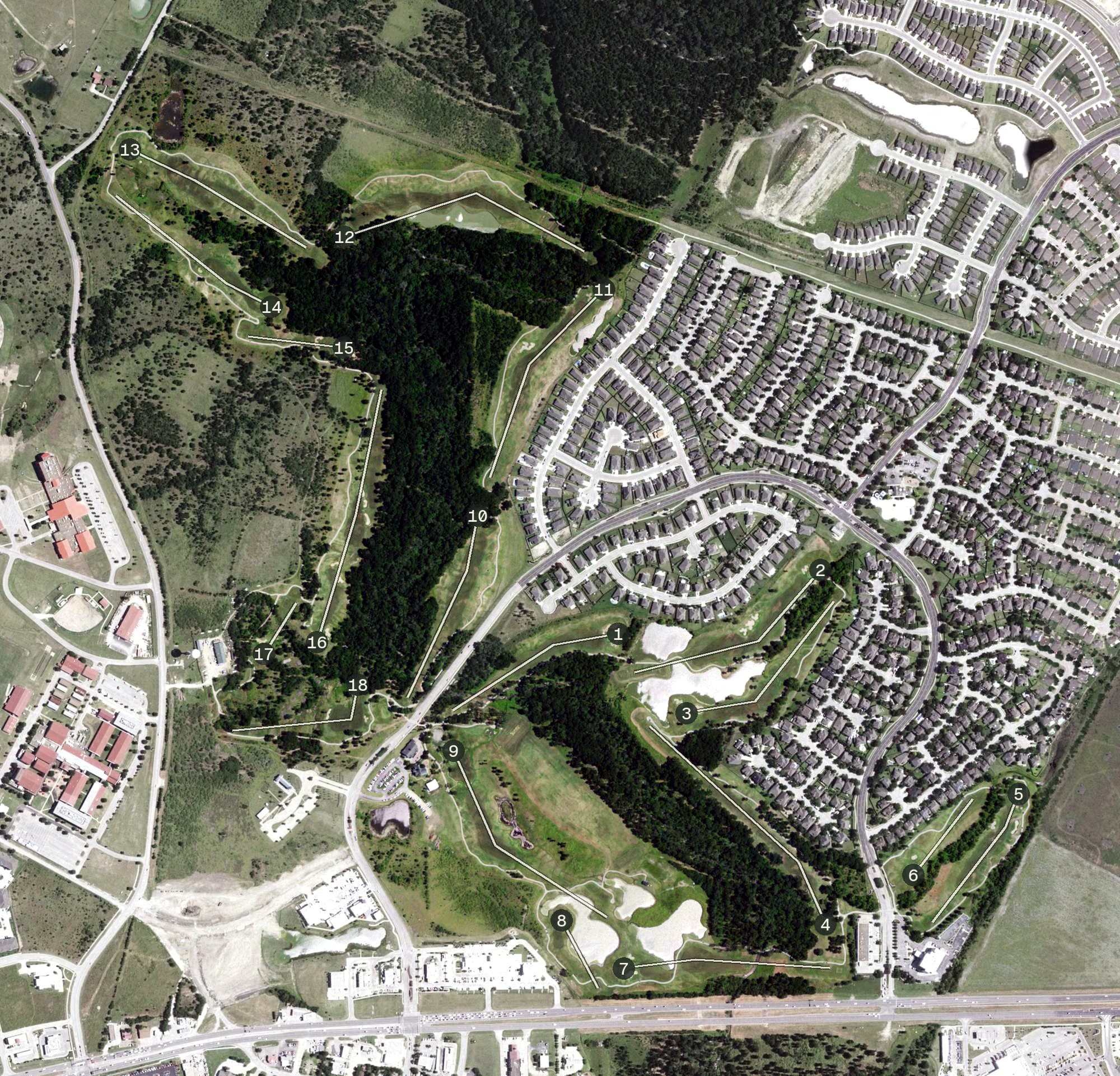 Aerial view of Shadow Glen Golf Club, TX, with its hole routing marked