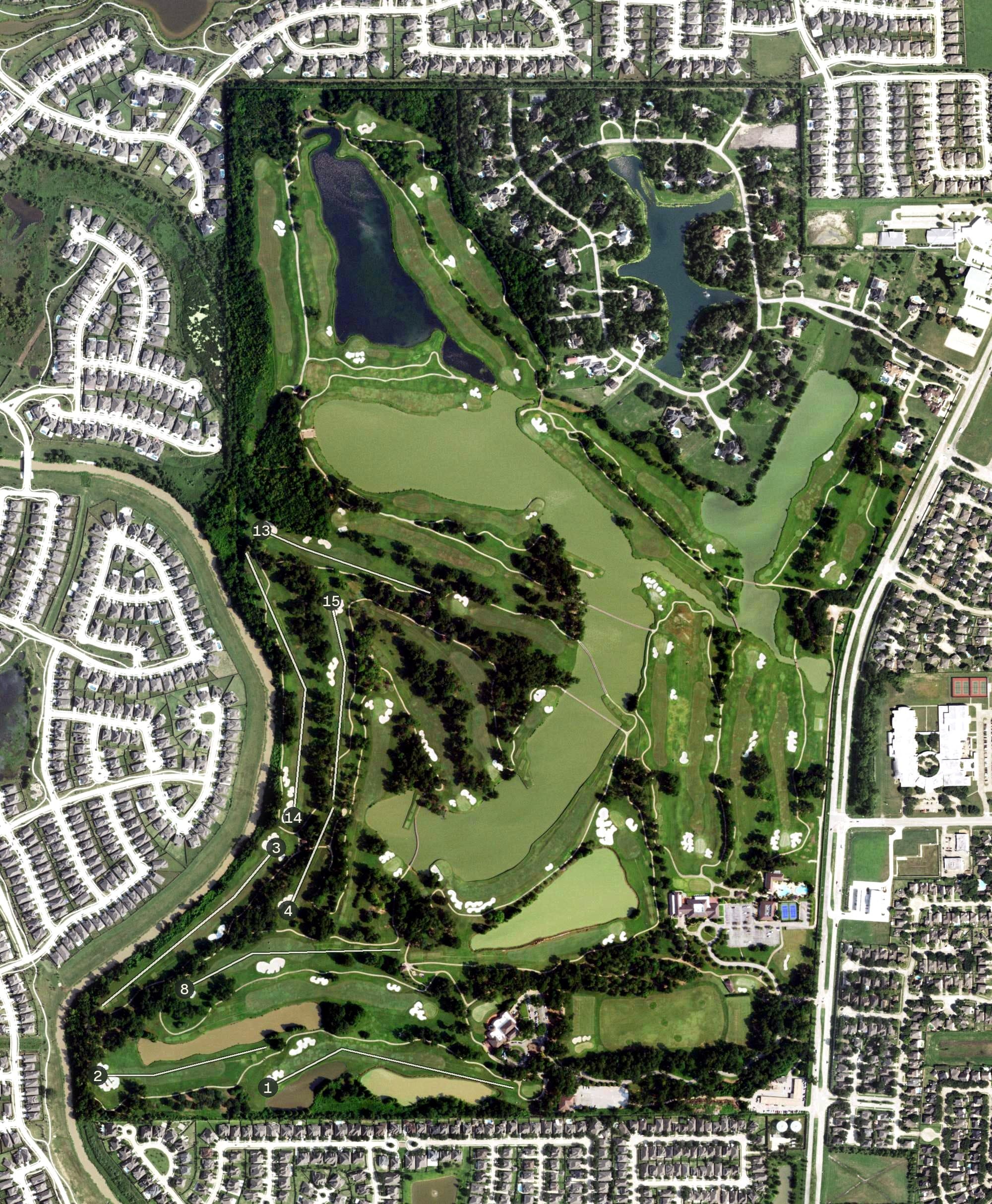 Aerial view of Shadow Hawk Golf Club and Black Hawk Country Club, TX, with its hole routing marked