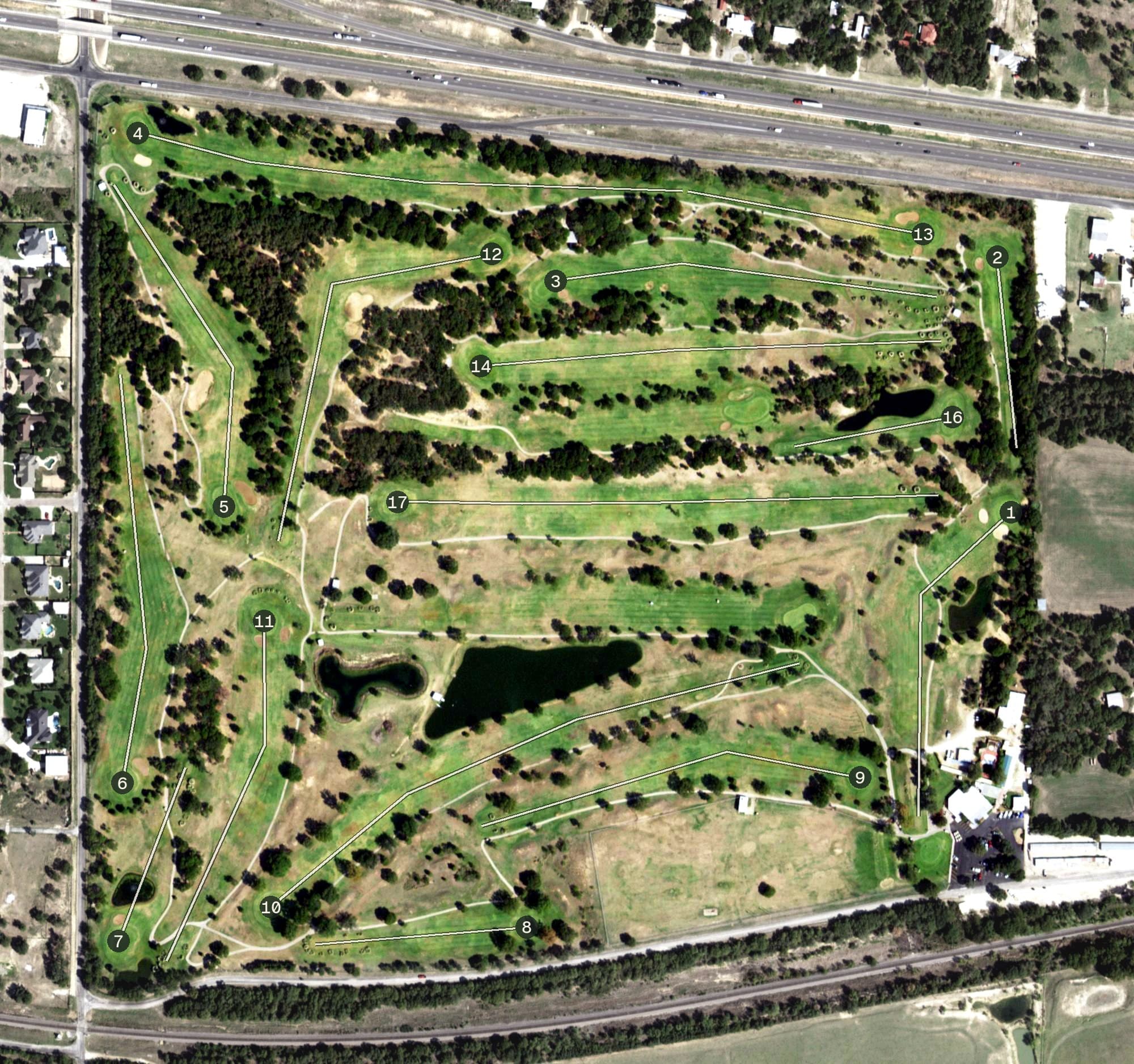 Aerial view of Shady Oaks Golf Course, TX, with its hole routing marked