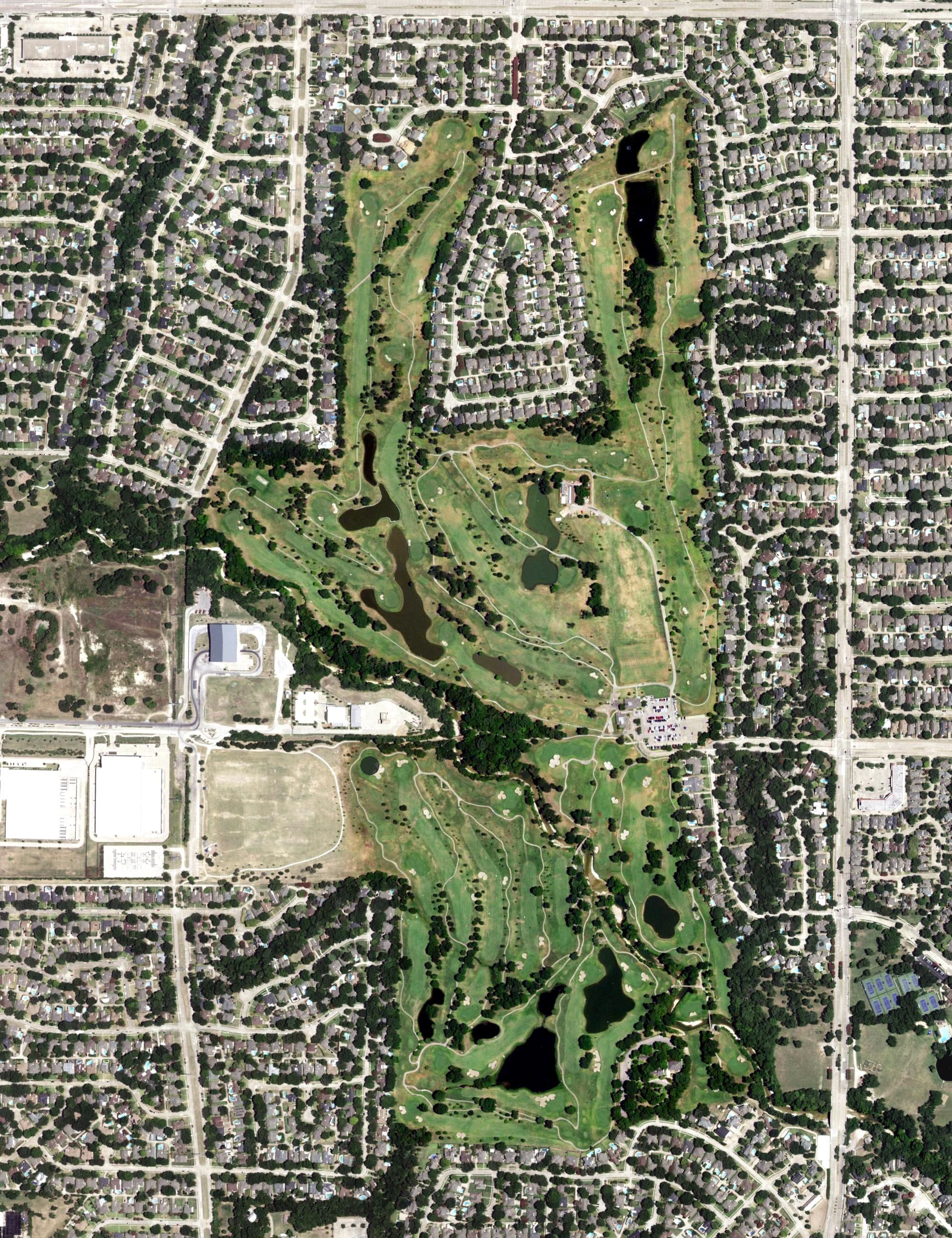 Aerial view of Sherrill Park Golf Course, TX, with its hole routing marked