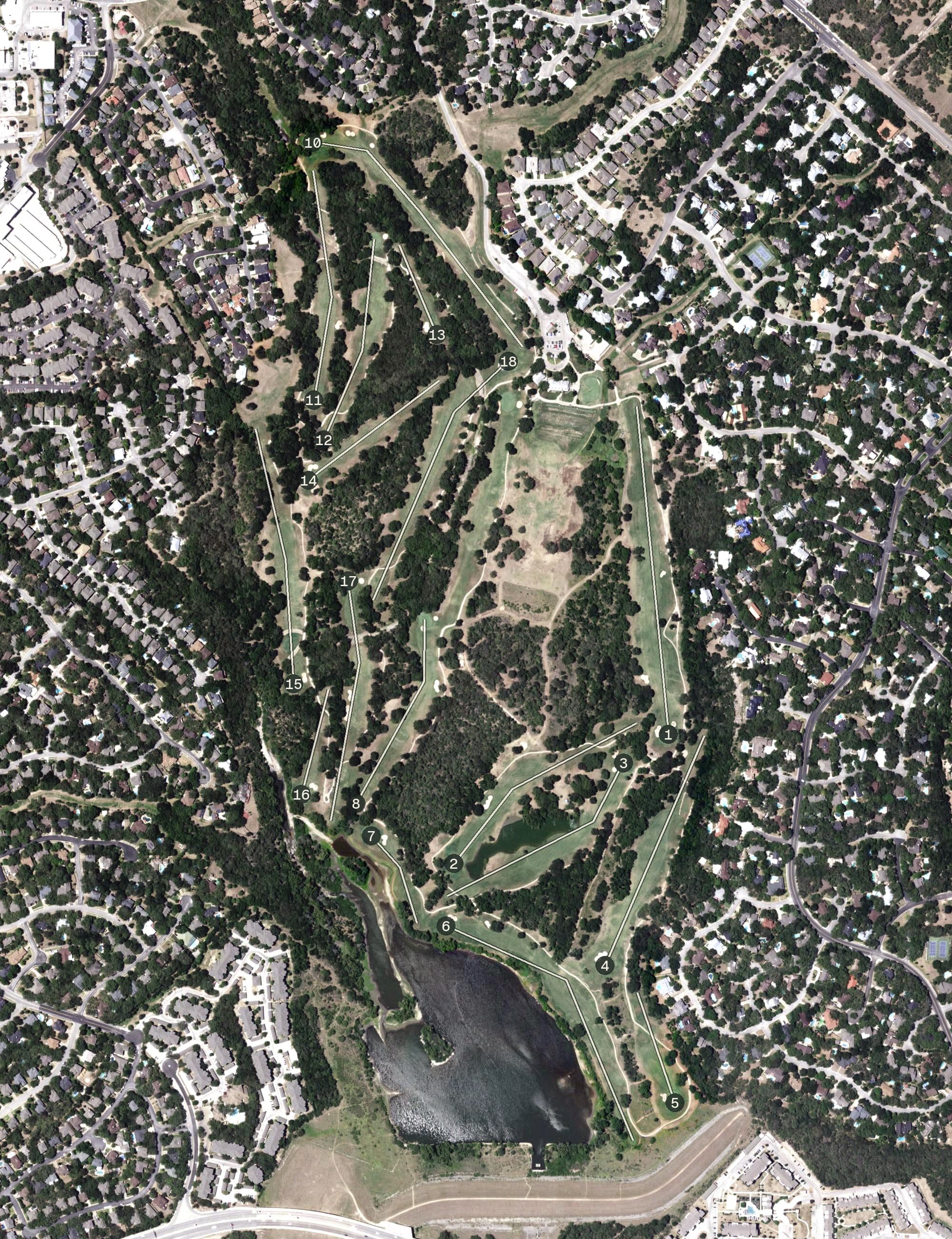 Aerial view of Silverhorn Golf Club, TX, with its hole routing marked