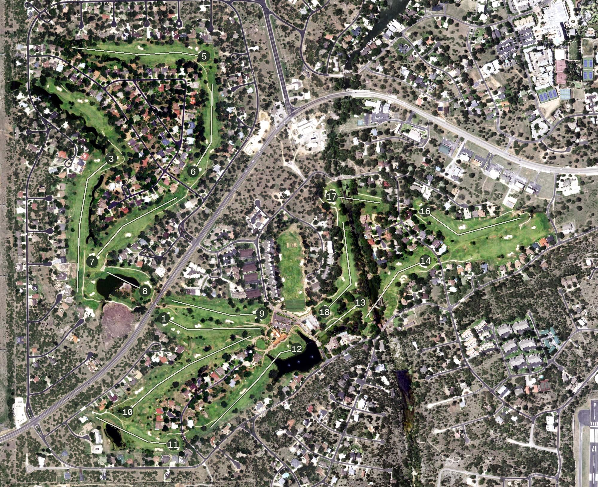 Aerial view of Slick Rock Golf Course, TX, with its hole routing marked
