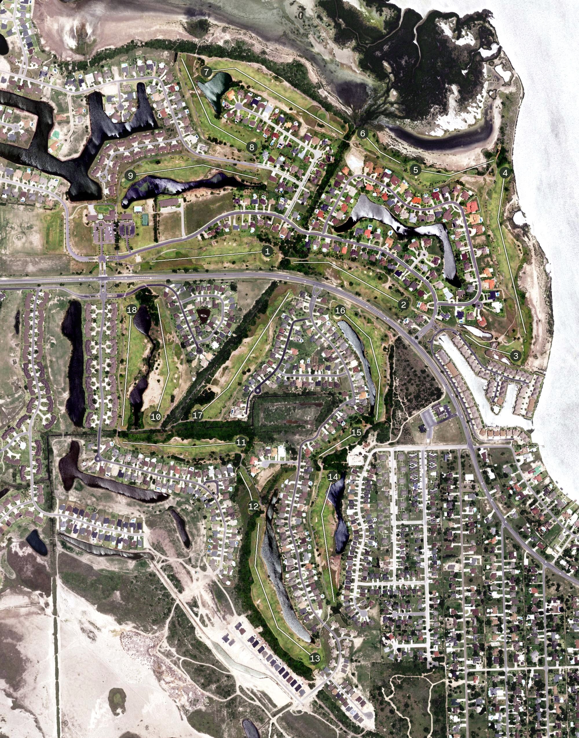 Aerial view of South Padre Island Golf Club, TX, with its hole routing marked