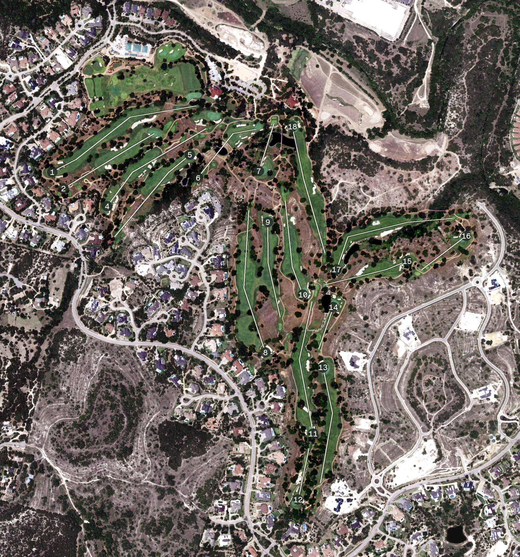 Aerial view of Spanish Oaks Golf Club, TX, with its hole routing marked