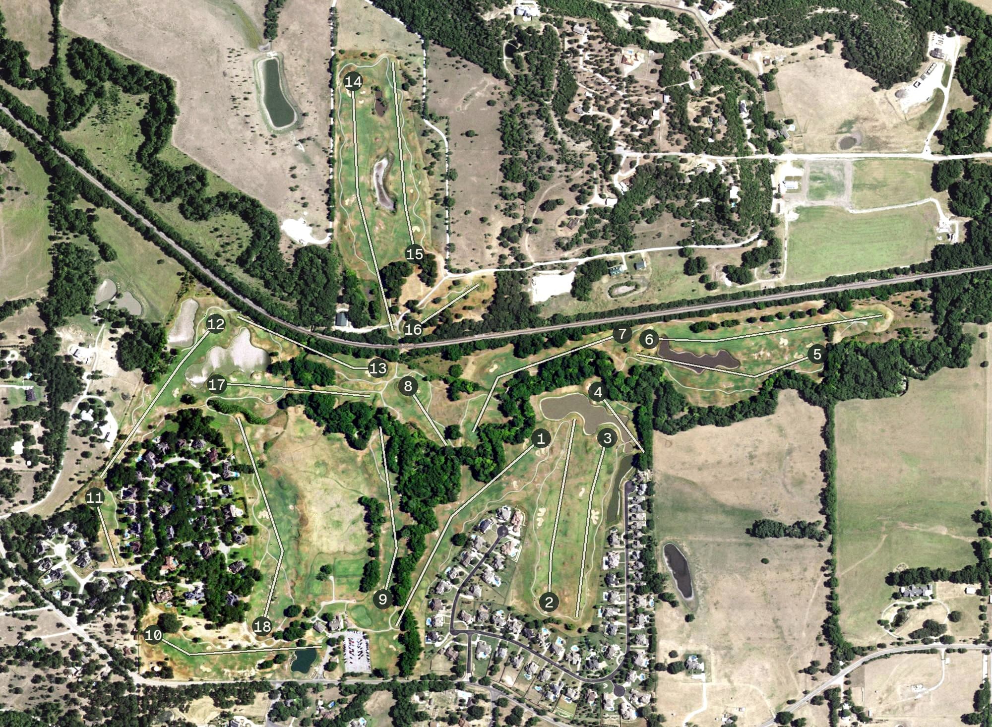Aerial view of Split Rail Links & Golf Club, TX, with its hole routing marked