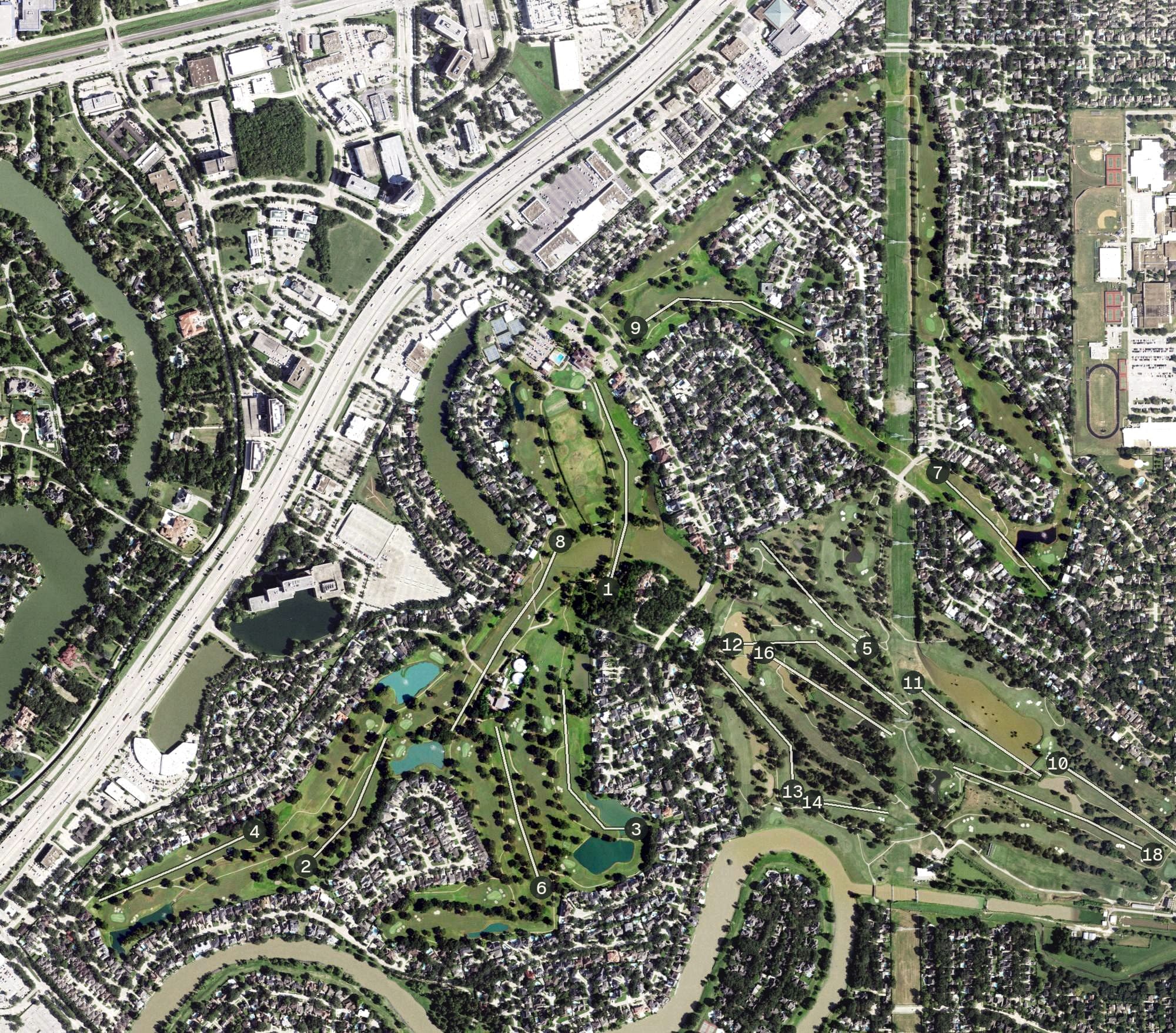 Aerial view of Sugar Creek Country Club, TX, with its hole routing marked