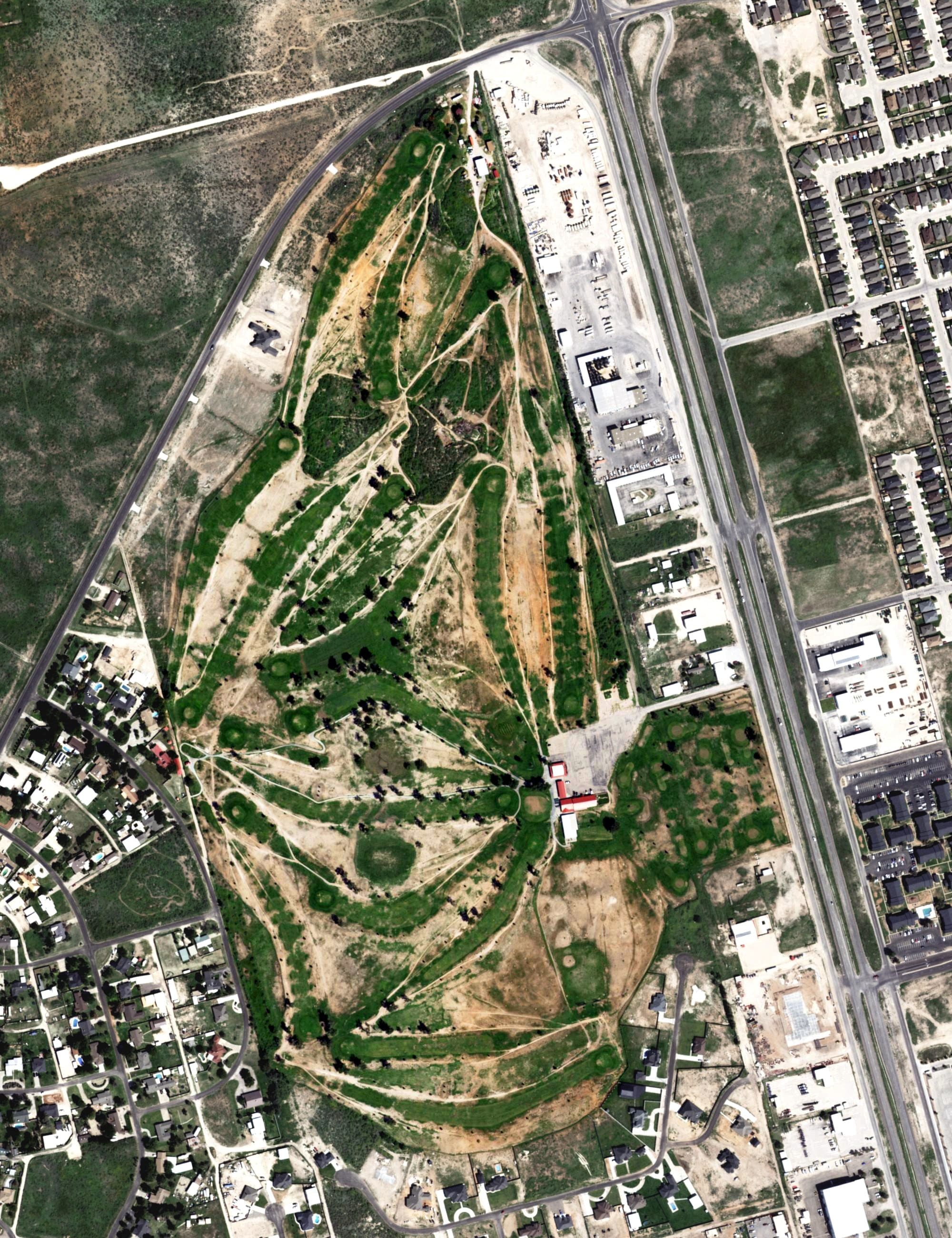 Aerial view of Sunset Country Club Golf Course, TX, with its hole routing marked