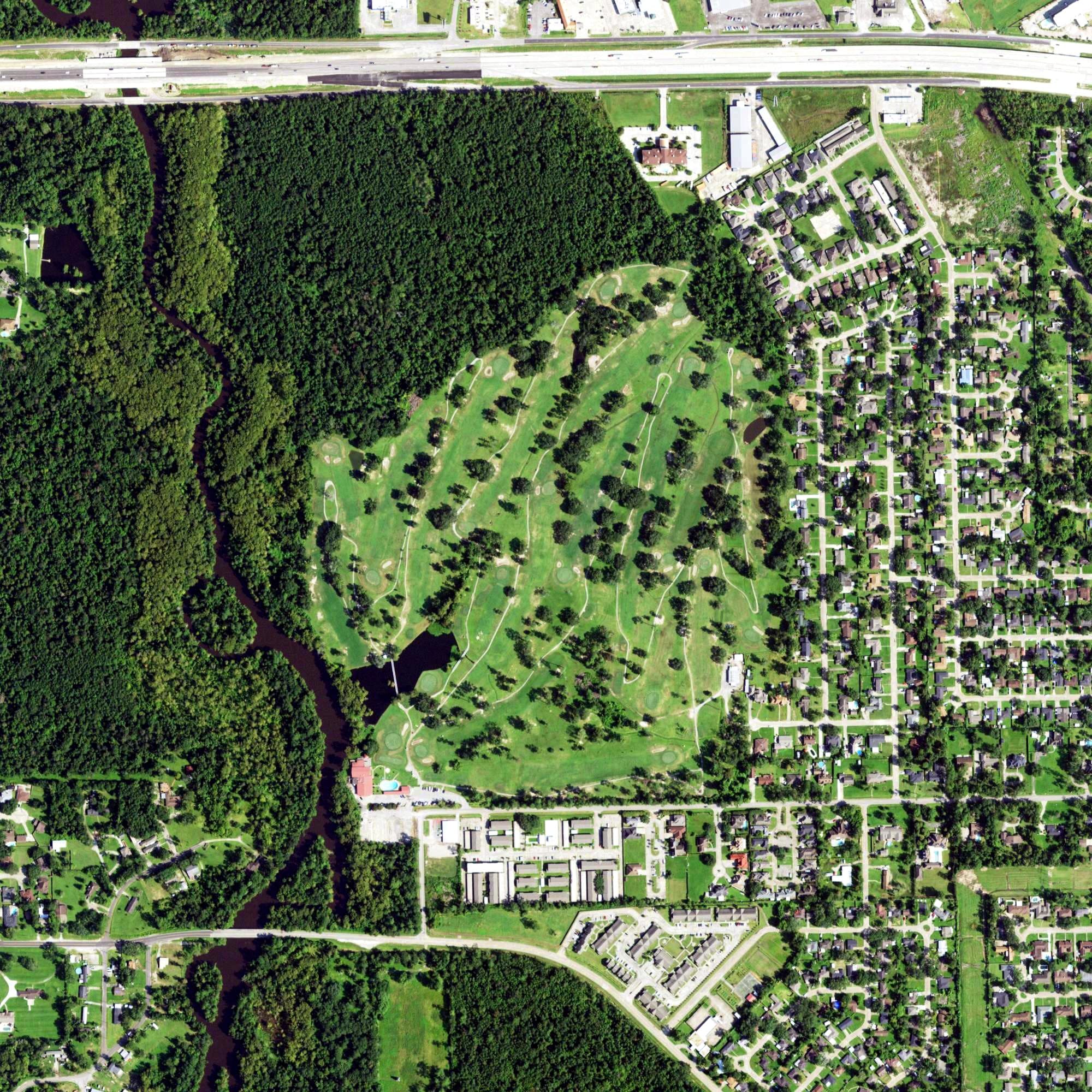 Aerial view of Sunset Grove Country Club, TX, with its hole routing marked