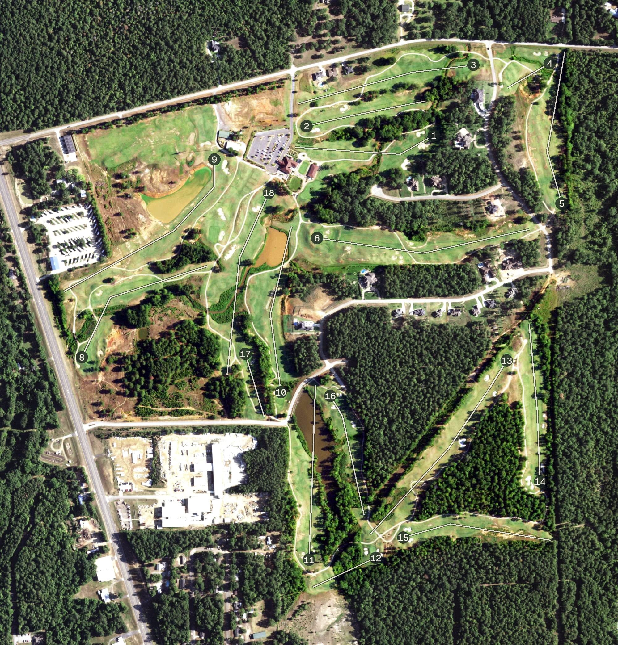 Aerial view of Tempest Golf Club, TX, with its hole routing marked