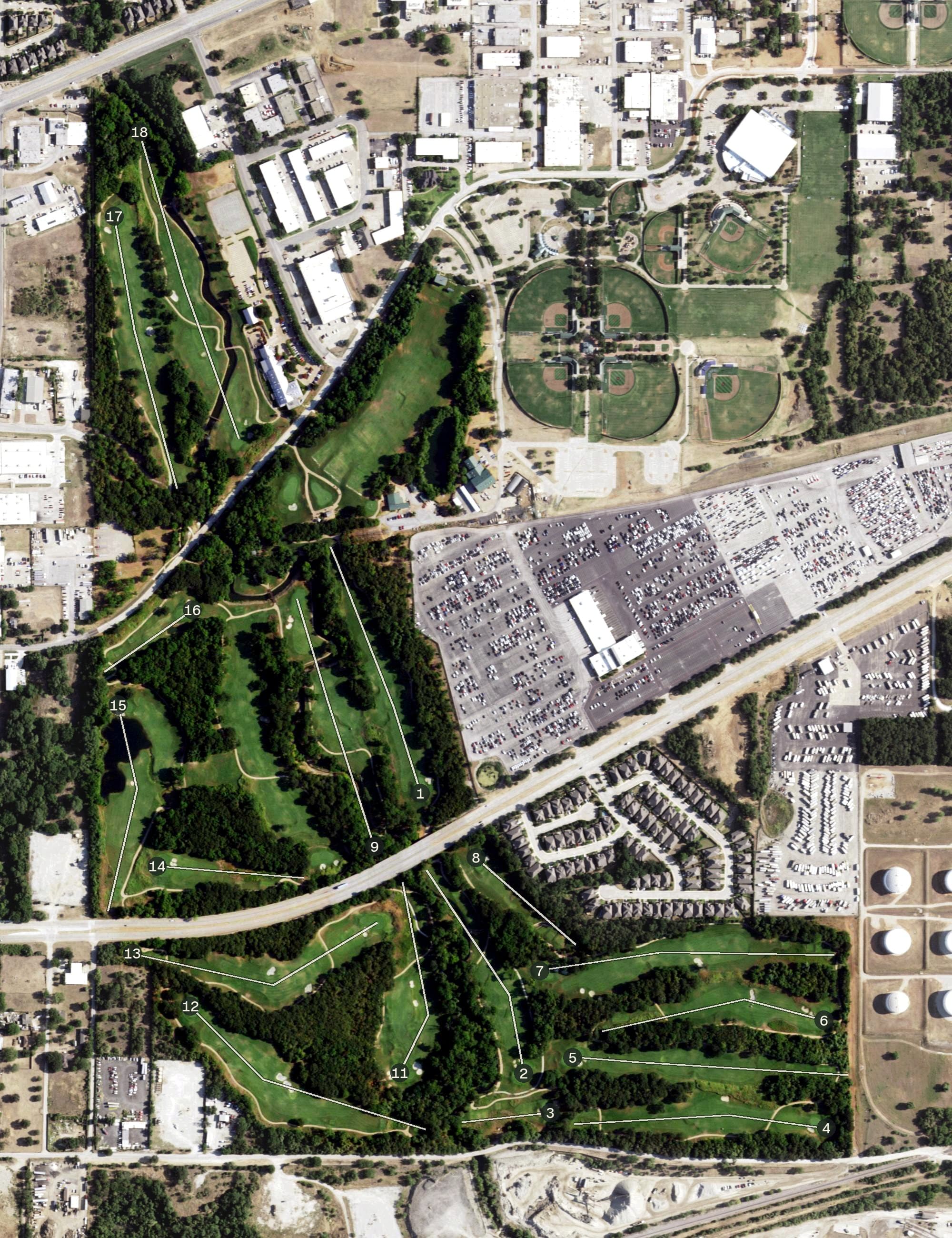 Aerial view of Texas Star Golf Course, TX, with its hole routing marked