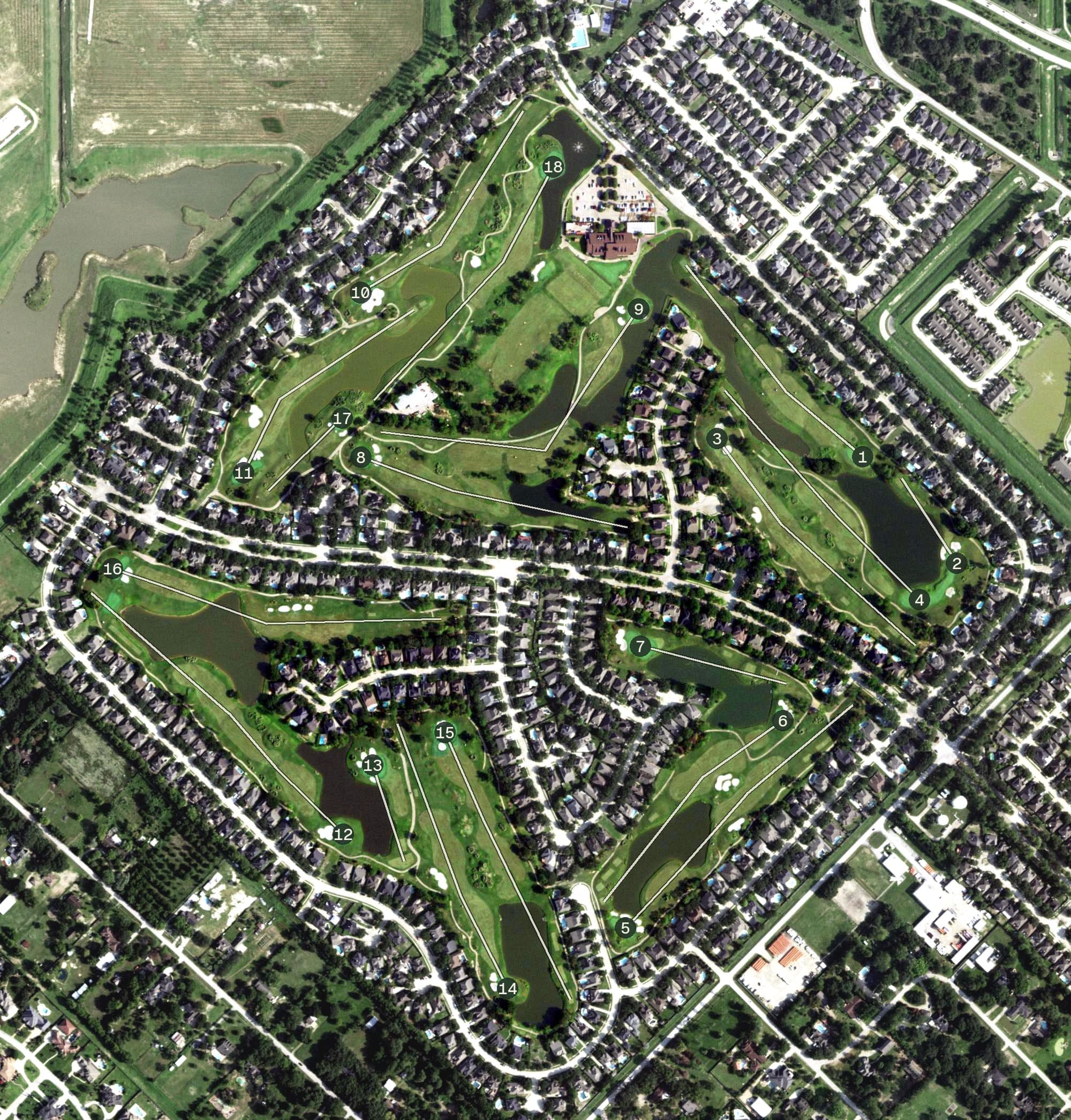Aerial view of The Club at Falcon Point, TX, with its hole routing marked
