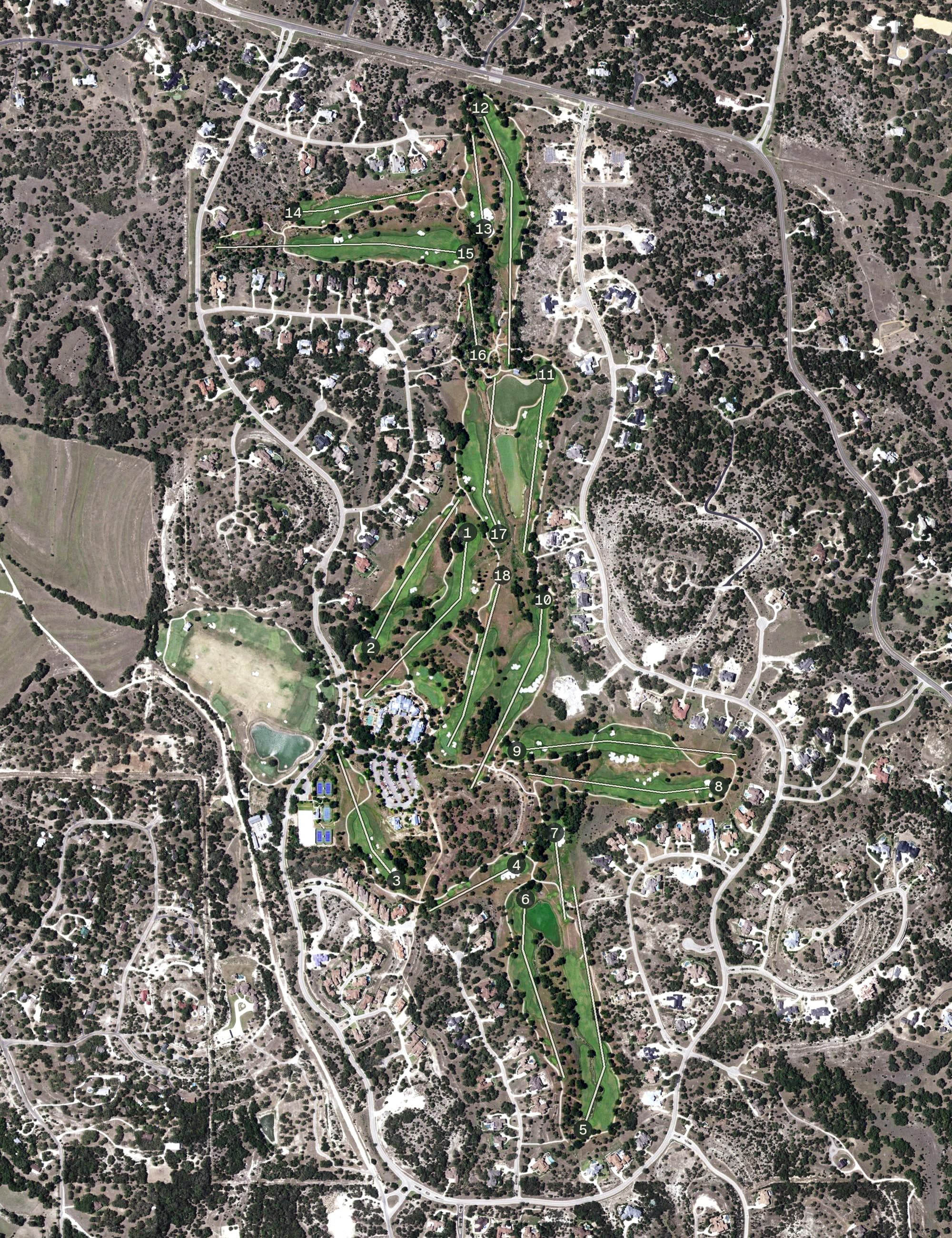 Aerial view of The Clubs of Cordillera Ranch, TX, with its hole routing marked
