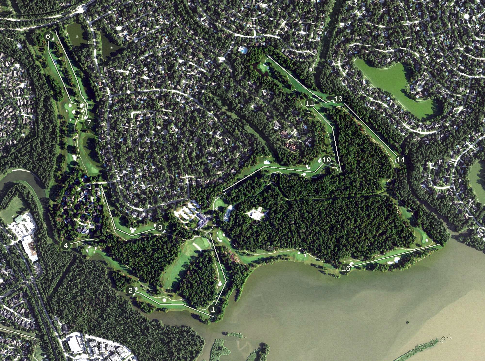 Aerial view of The Clubs of Kingwood - Deerwood, TX, with its hole routing marked