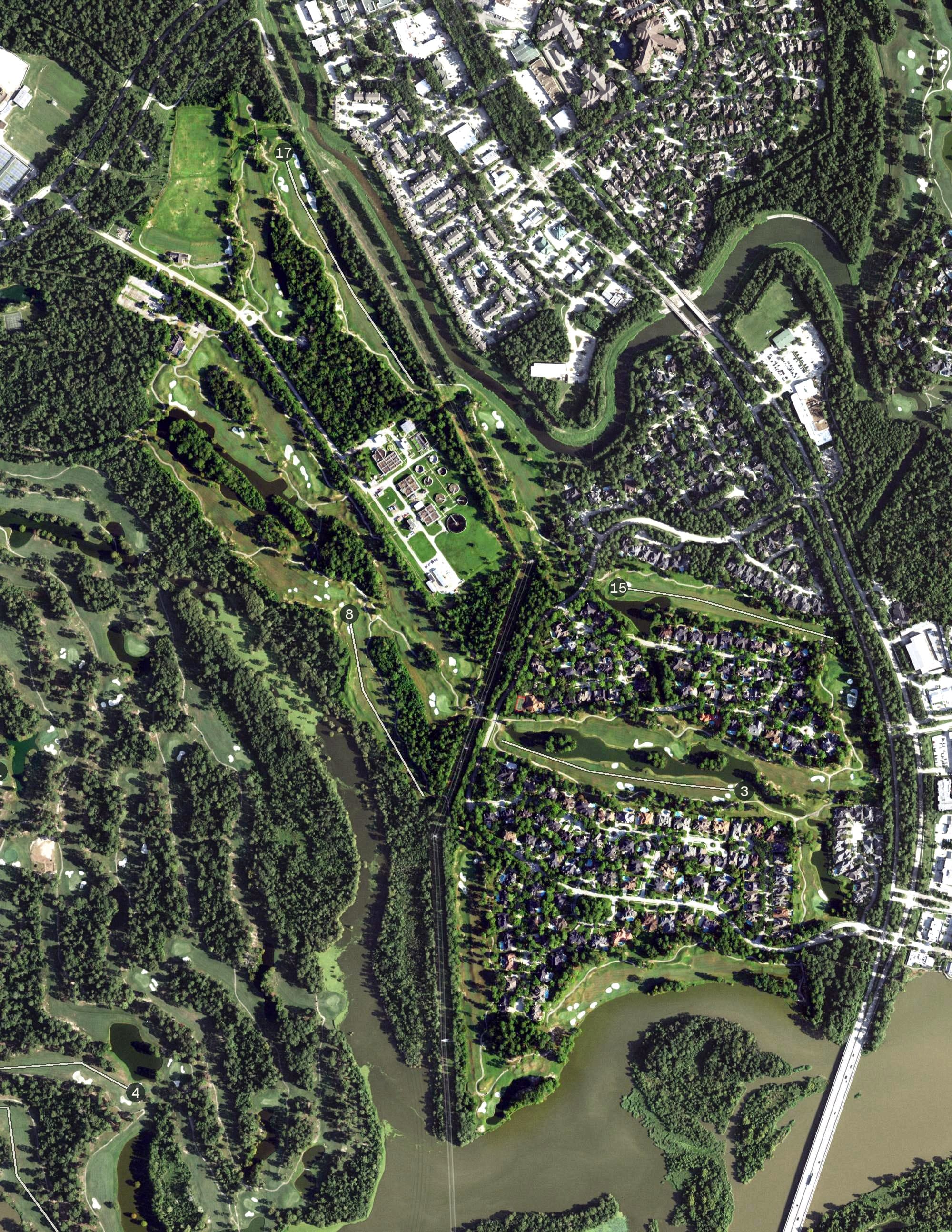 Aerial view of The Clubs of Kingwood - Forest Course, TX, with its hole routing marked