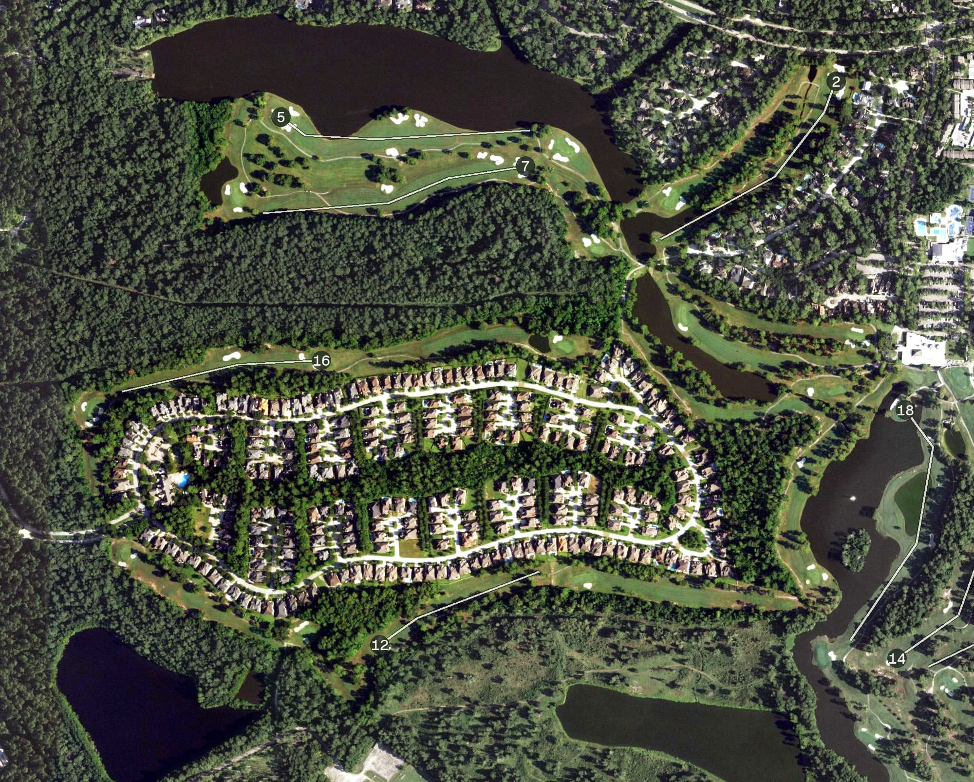 Aerial view of The Clubs of Kingwood - Lake Course, TX, with its hole routing marked