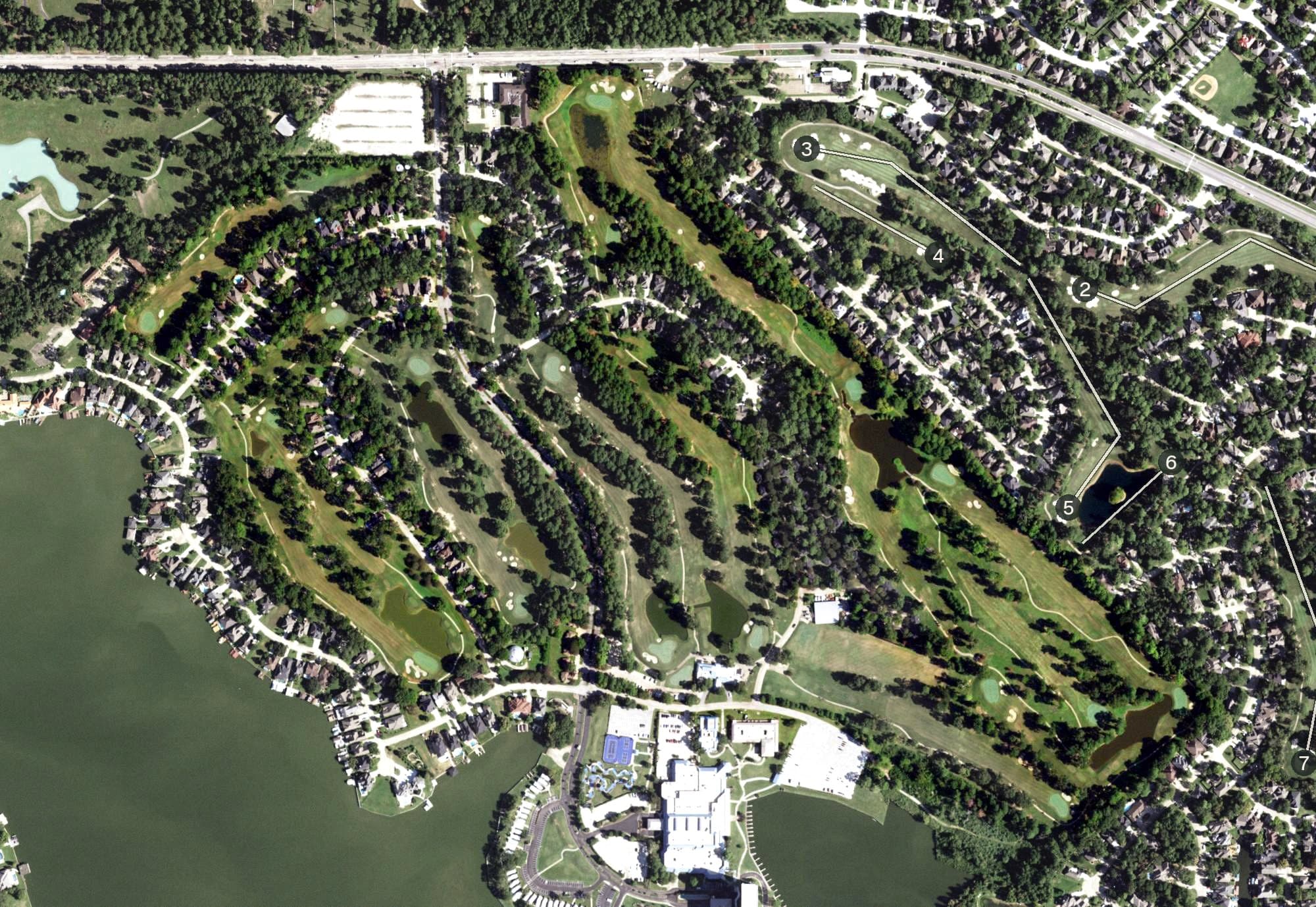 Aerial view of The Golf Club at La Torretta, TX, with its hole routing marked