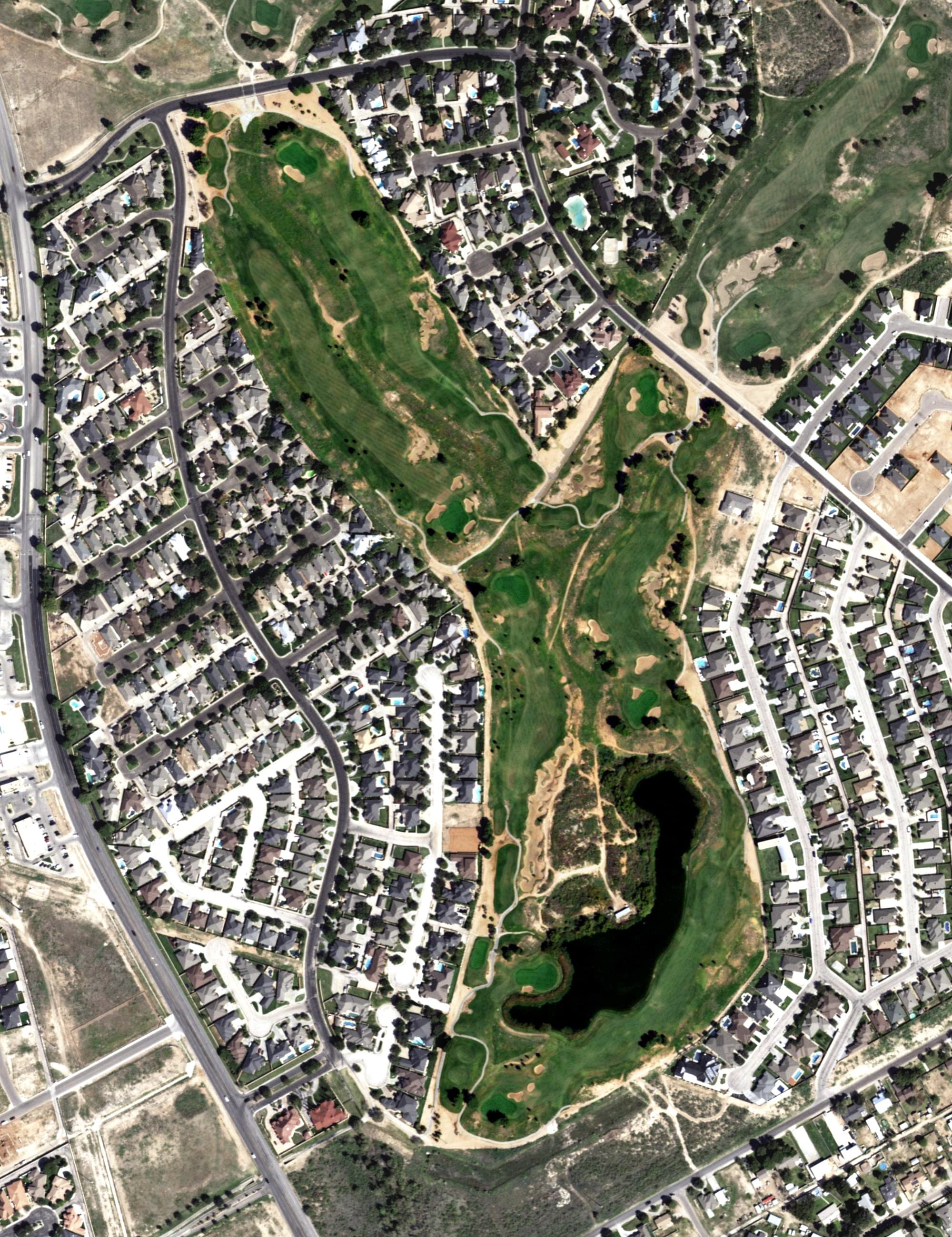 Aerial view of The Links Course at The Odessa Country Club, TX, with its hole routing marked