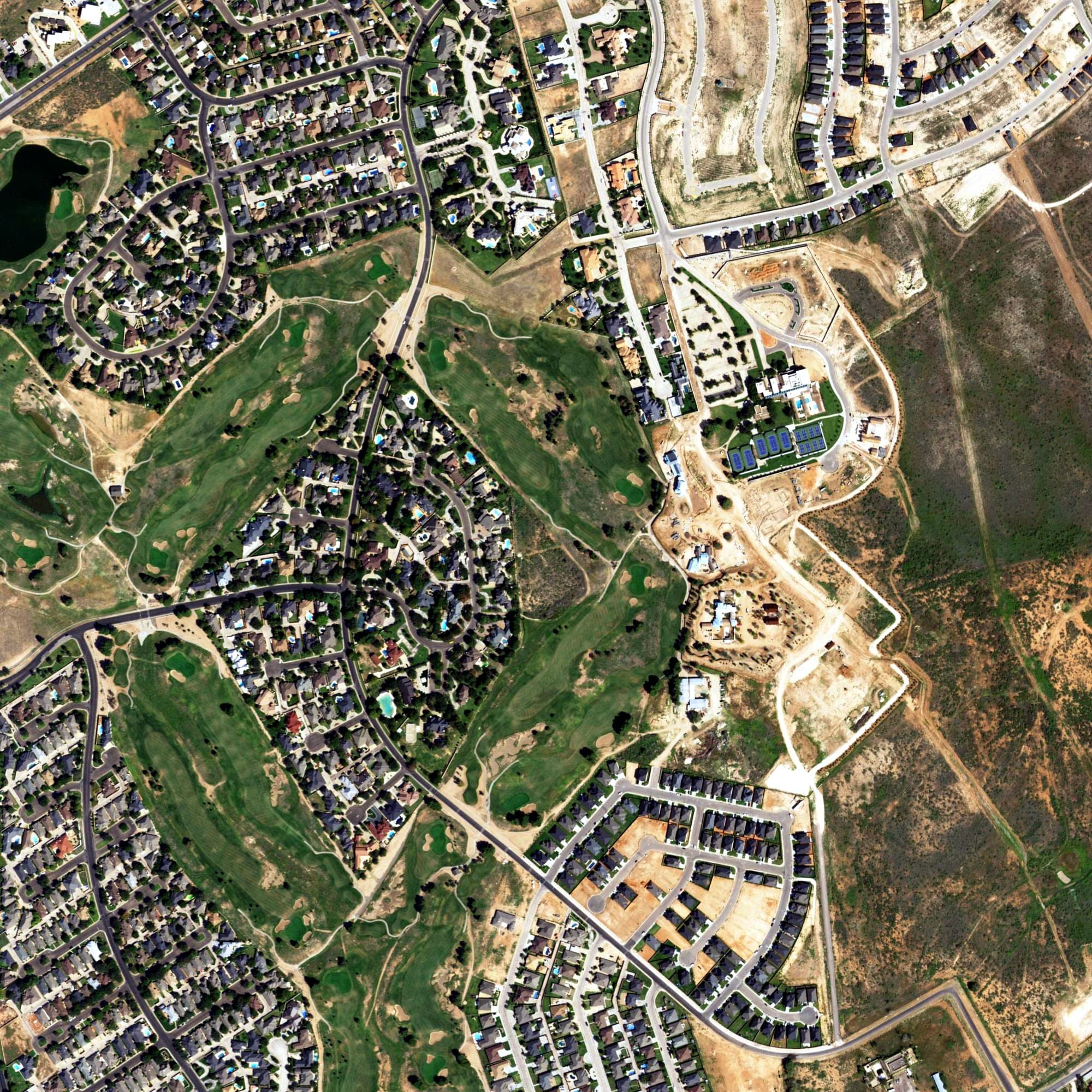 Aerial view of The Links Course at The Odessa Country Club, TX, with its hole routing marked