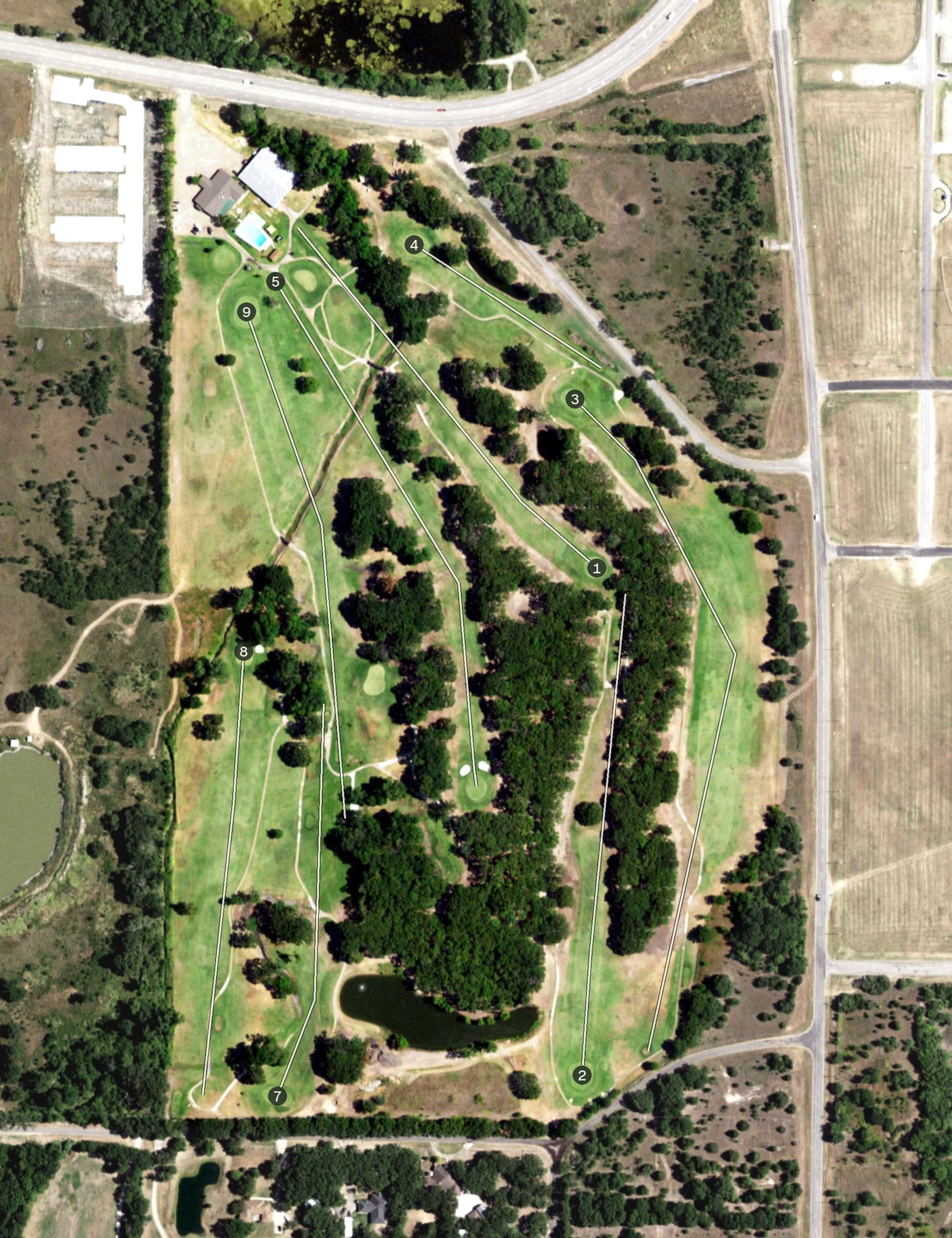 Aerial view of The Oaks Country Club, TX, with its hole routing marked