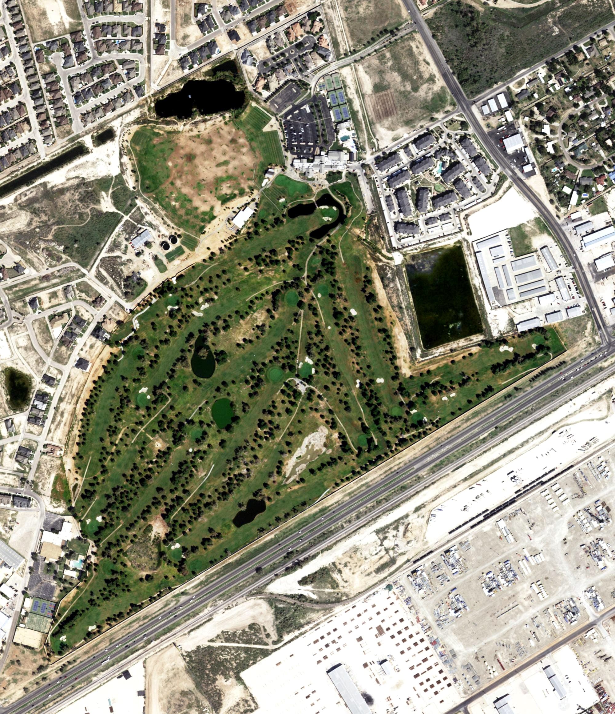 Aerial view of The Old Course at Odessa Country Club, TX, with its hole routing marked
