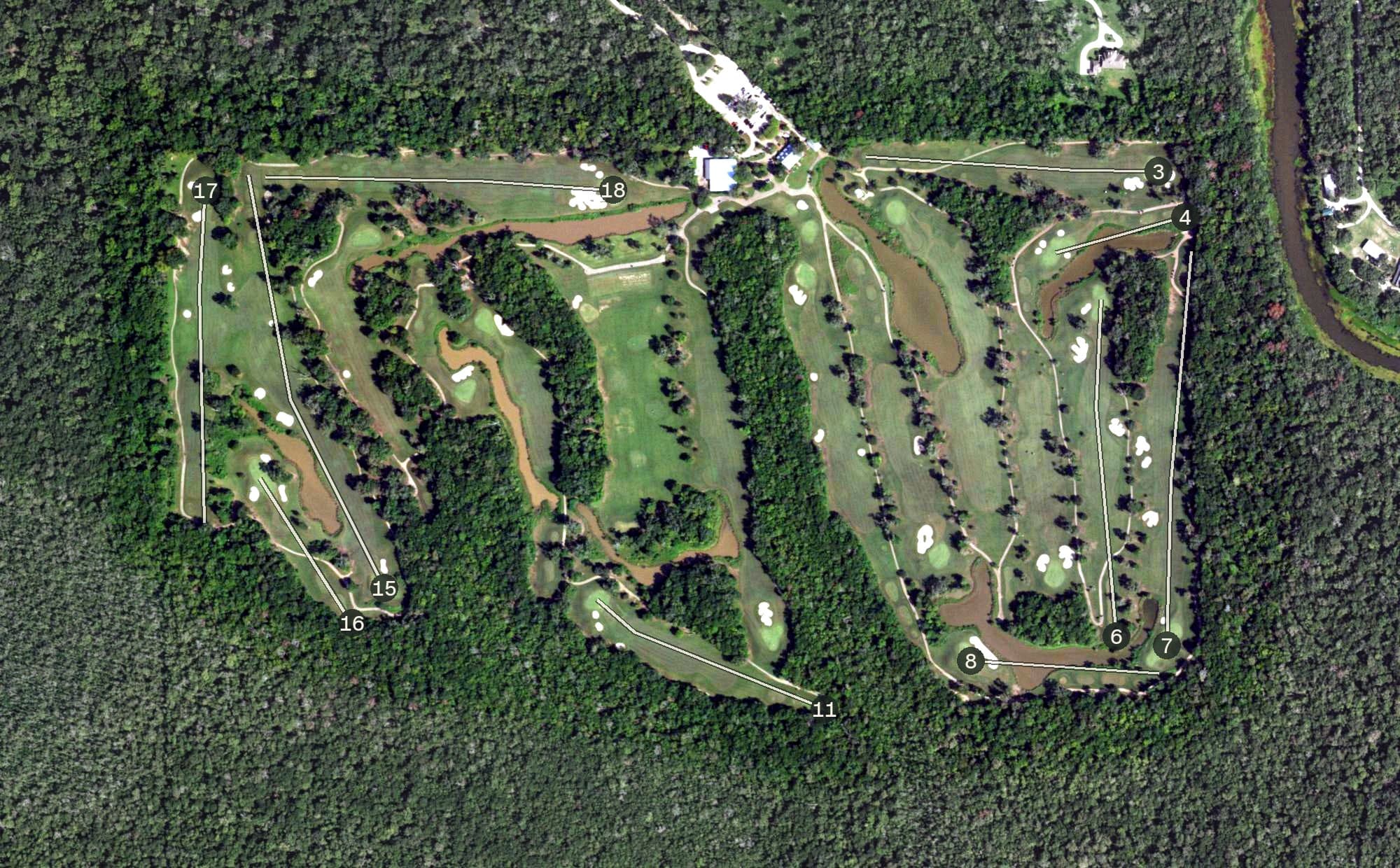 Aerial view of The Wilderness Golf Course, TX, with its hole routing marked