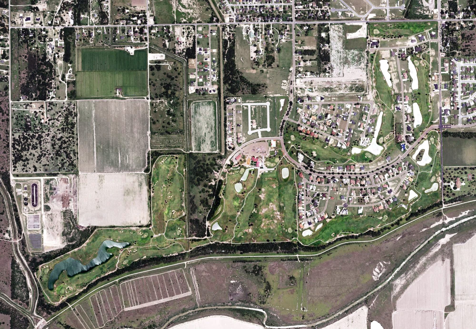 Aerial view of Tierra Santa Golf Club, TX, with its hole routing marked