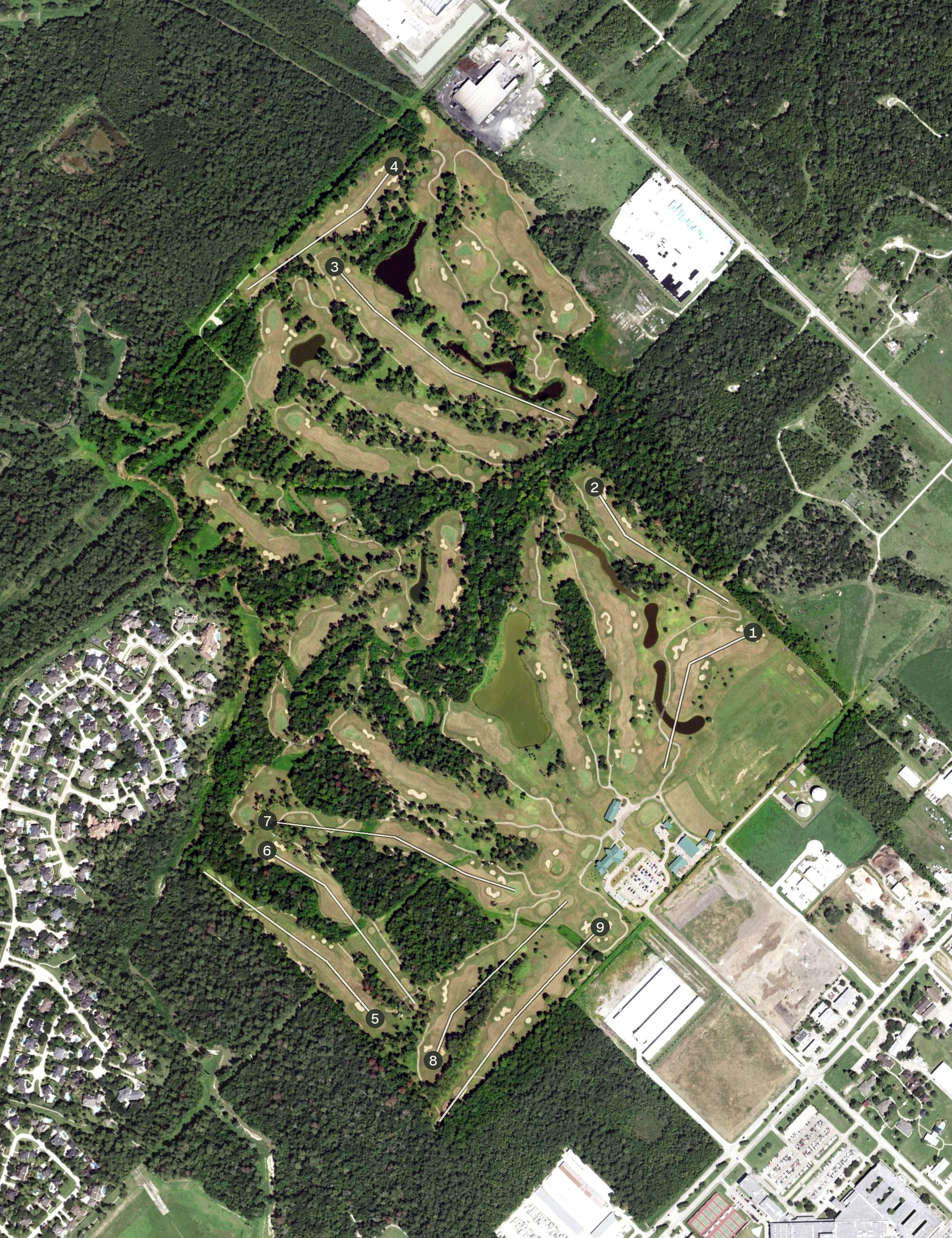 Aerial view of Timber Creek Golf Club, TX, with its hole routing marked