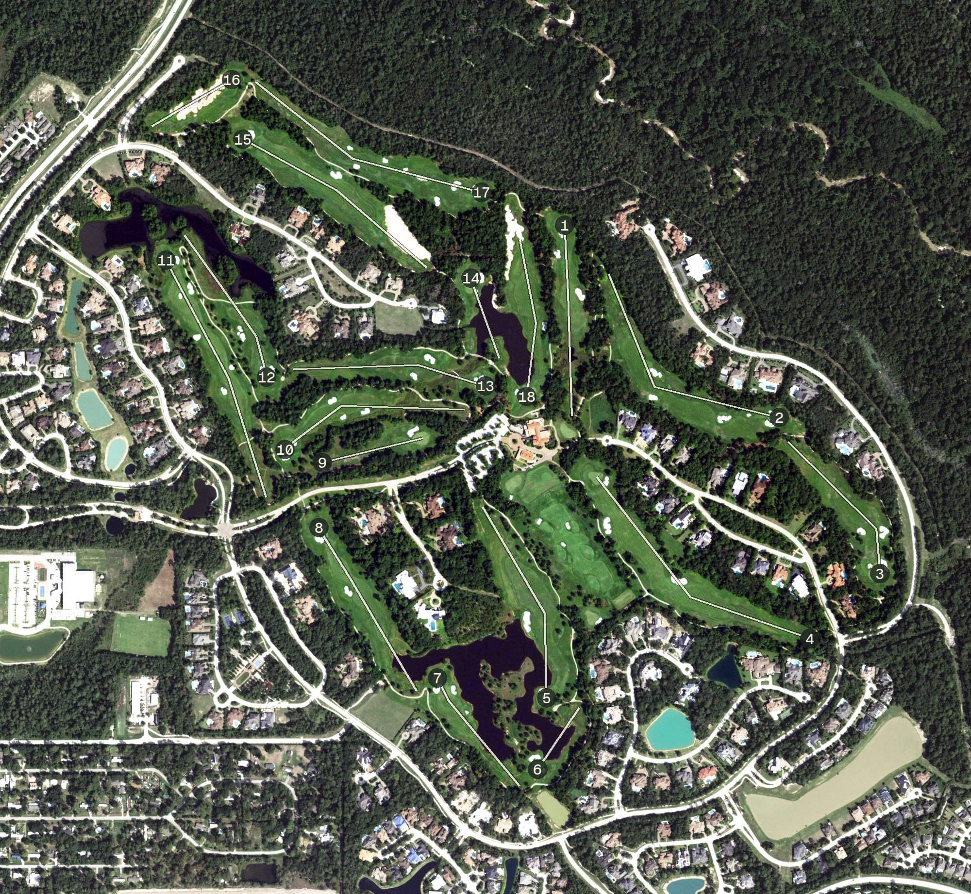 Aerial view of Tom Fazio Championship Course at Carlton Woods, TX, with its hole routing marked