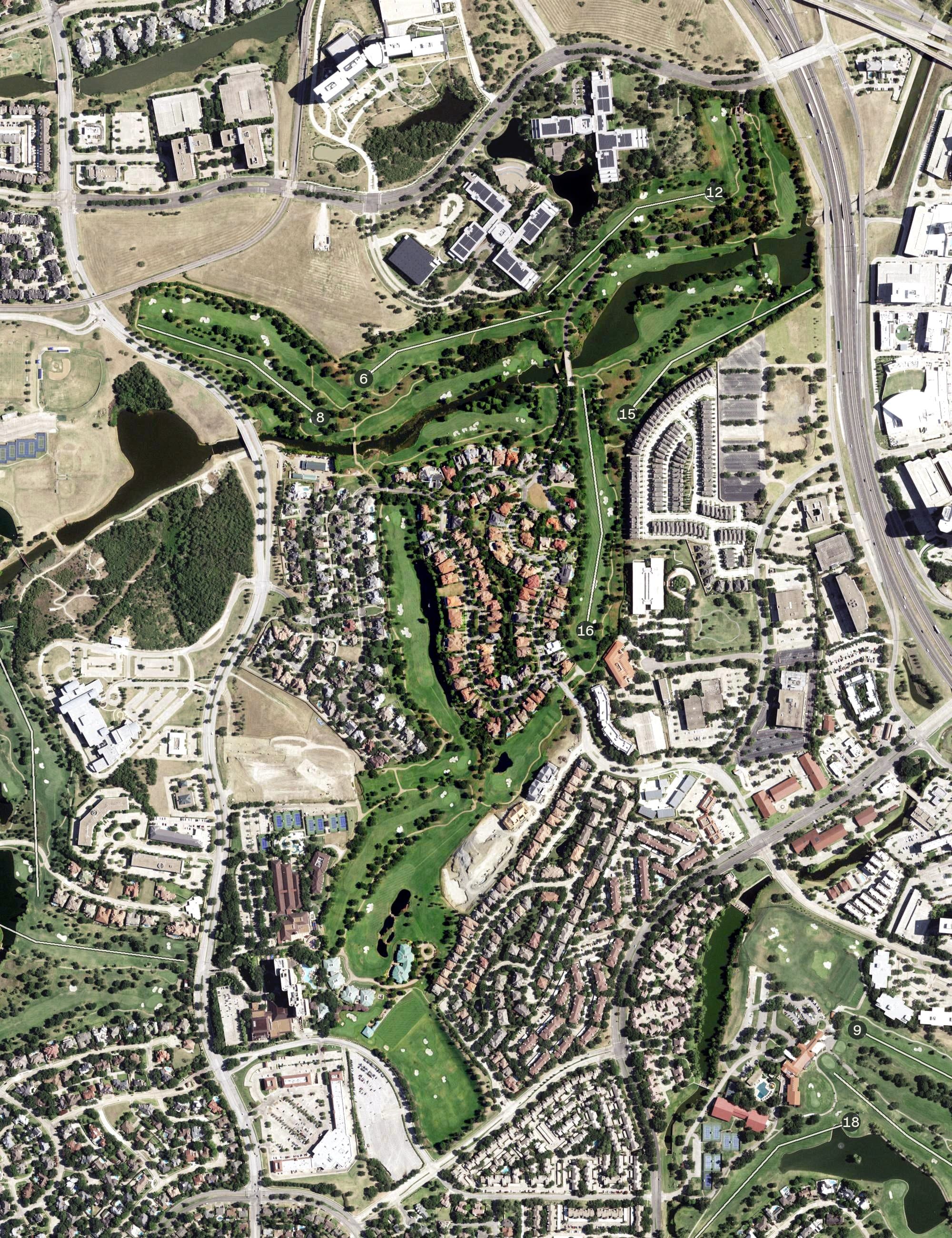 Aerial view of TPC Four Seasons Las Colinas, TX, with its hole routing marked